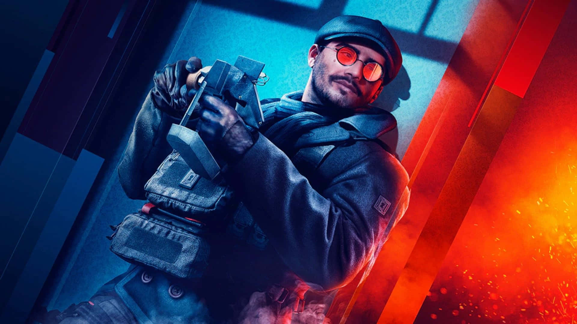 Rainbow Six Siege Operators 桌布 壁紙 — 一名戴著帽子和紅色鏡片護目鏡的戰術士兵，在熾熱橙色和冷藍色背景下瞄準武器。