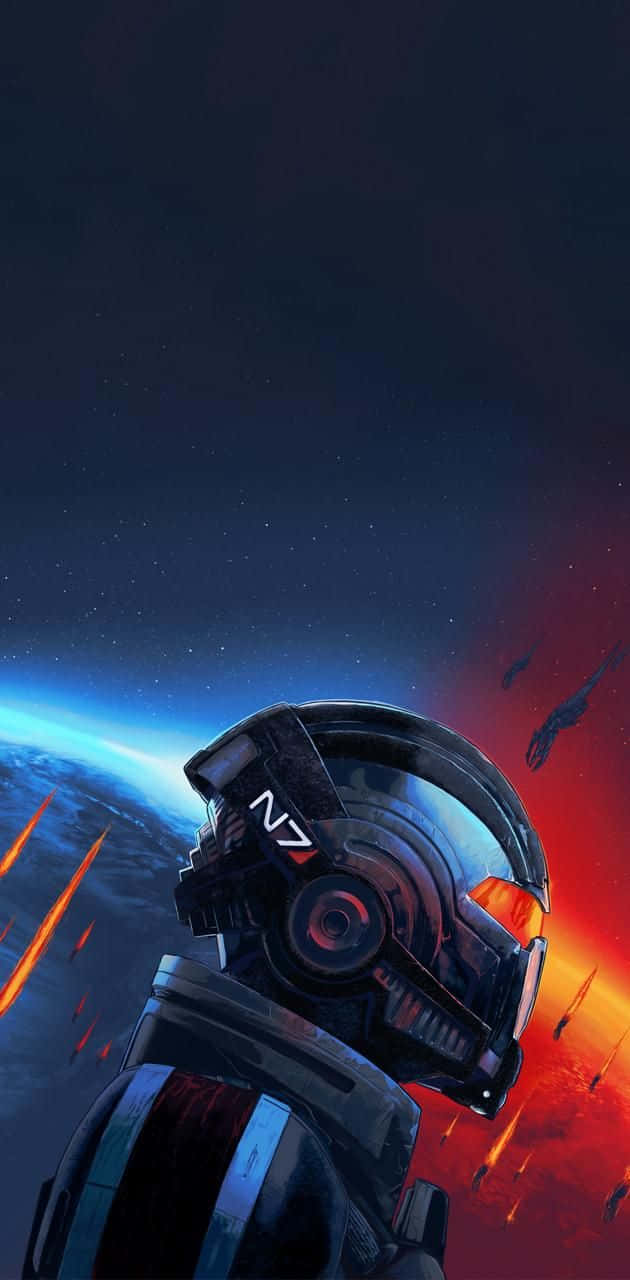 Mass Effect Trilogy 桌布 壁紙 — 一名戴著標有N7頭盔的未來士兵，站在藍色星球和熾熱紅色星雲的宇宙背景前，導彈劃過天際。