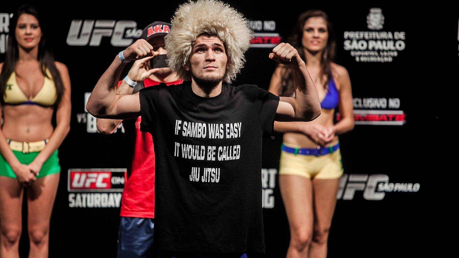 UFC 桌布 壁紙 — 一名戴著狂野金色假髮的拳手在UFC稱重活動中彎曲手臂，兩旁有比基尼模特兒。