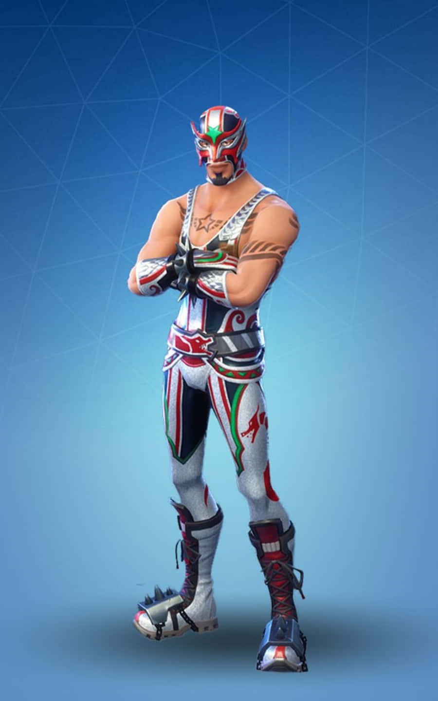 Fortnite Skins Battle Royale 桌布 壁紙 — 一名戴著紅白綠面具、身穿紅白綠服裝的墨西哥摔角手，自信地交叉雙臂，站在藍色幾何背景前。