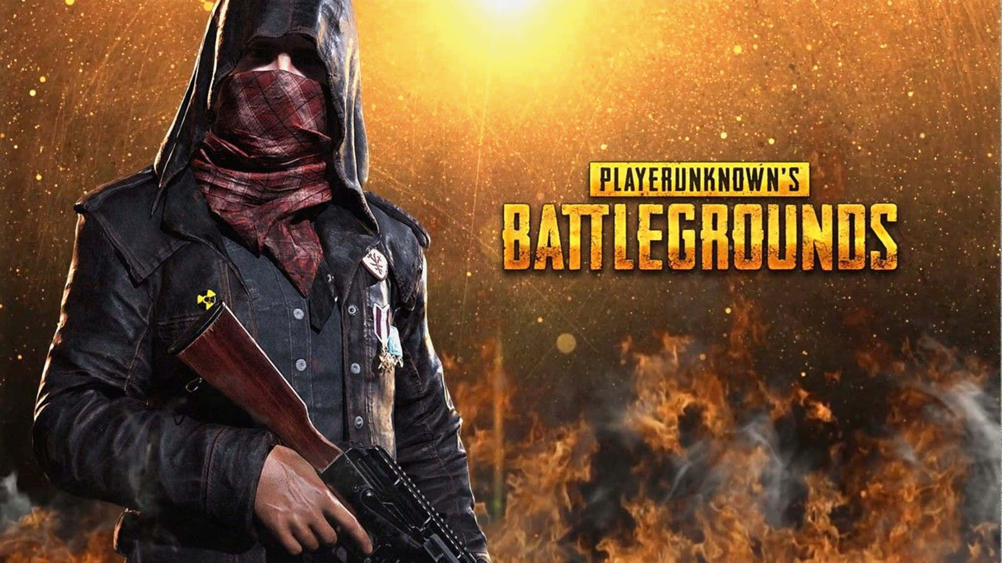 Pubg Banner 桌布 壁紙 — 一名戴著紅色頭巾的兜帽士兵在熾熱的日落背景下緊握步槍，遊戲標題閃耀發光。