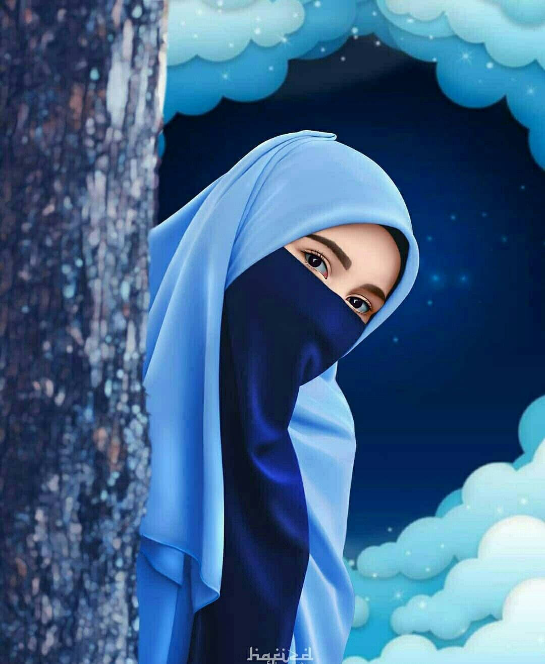muslim 桌布 壁紙 — 一名戴著藍色頭巾的女子在星光閃爍、雲朵發光的夜空下從樹後探出頭來。
