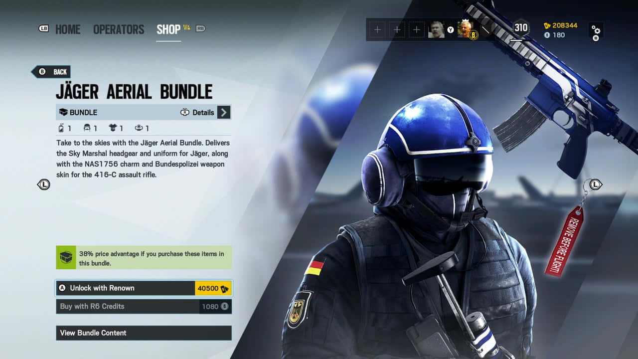 Rainbow Six Siege Jager 桌布 壁紙 — 一名戴著藍色頭盔和戰術裝備的士兵，在遊戲商店界面背景前手持藍色武器皮膚。