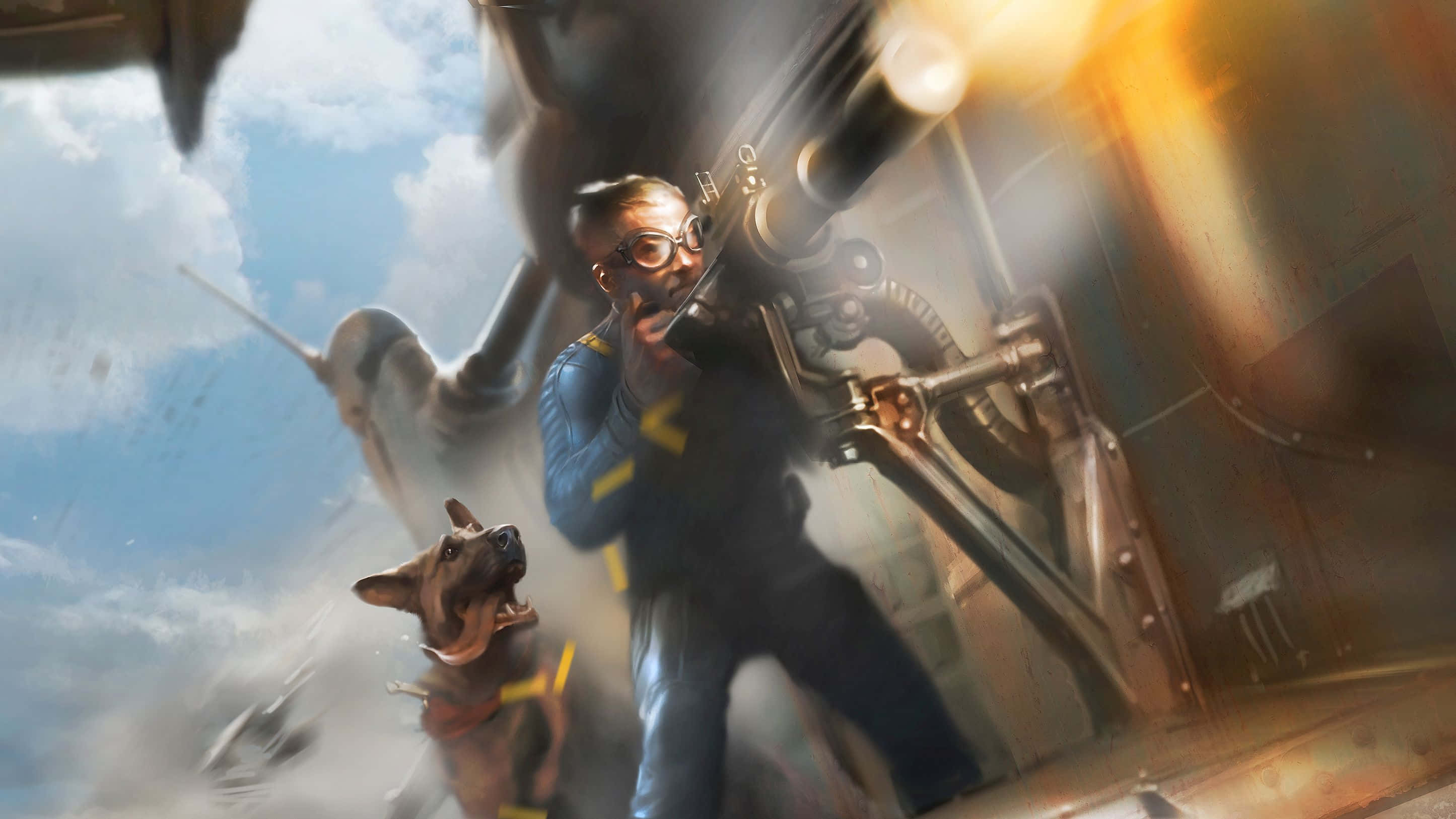 Fallout 4 Dogmeat 桌布 壁紙 — 一名戴著護目鏡、身穿藍色制服嘅機師從戰機上發射大炮，一隻狗喺佢旁邊吠叫，背景係多雲嘅天空。