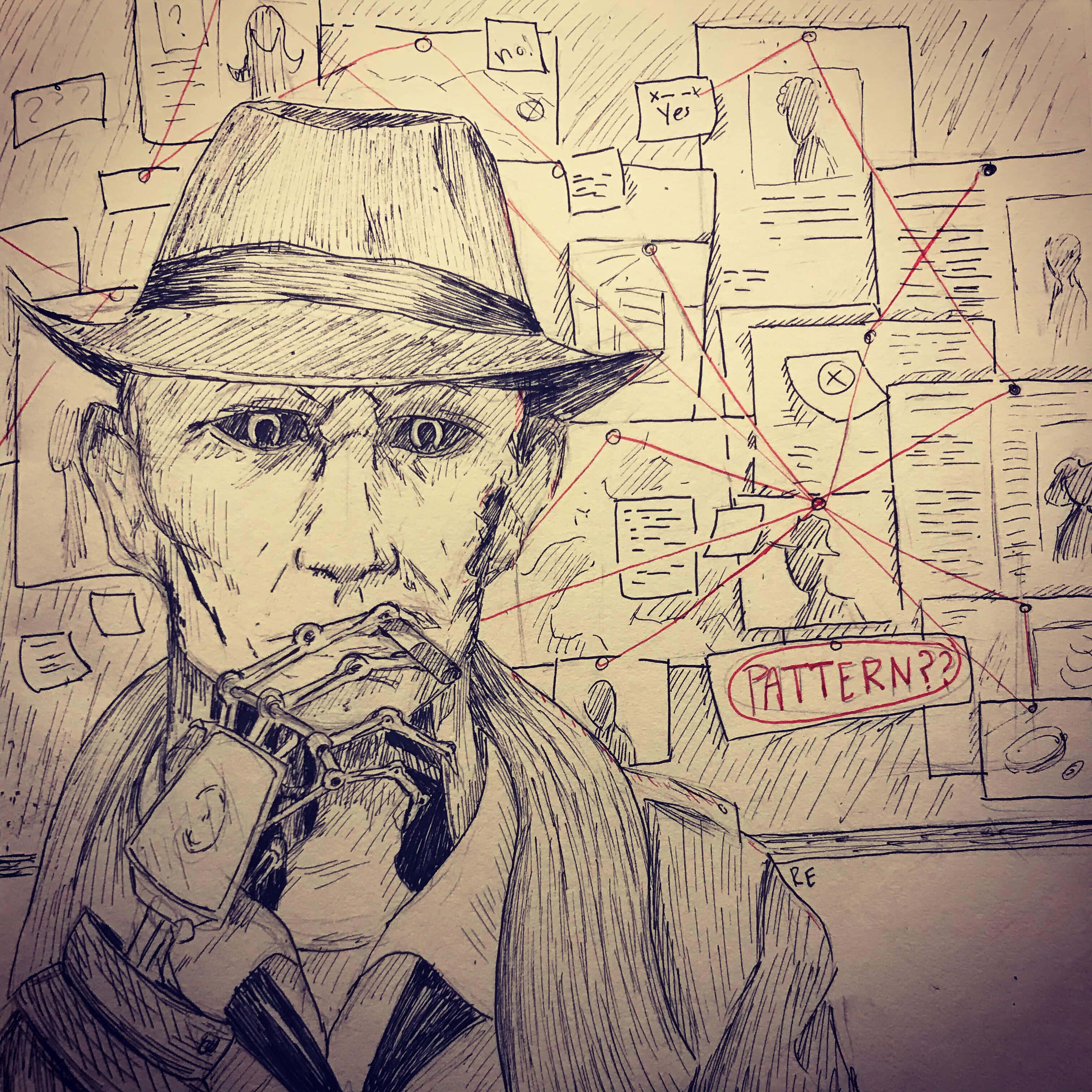 Nick Valentine 桌布 壁紙 — 一名戴著費多拉帽、擁有機械手的偵探正在沉思一個充滿筆記和紅線連接的犯罪板。