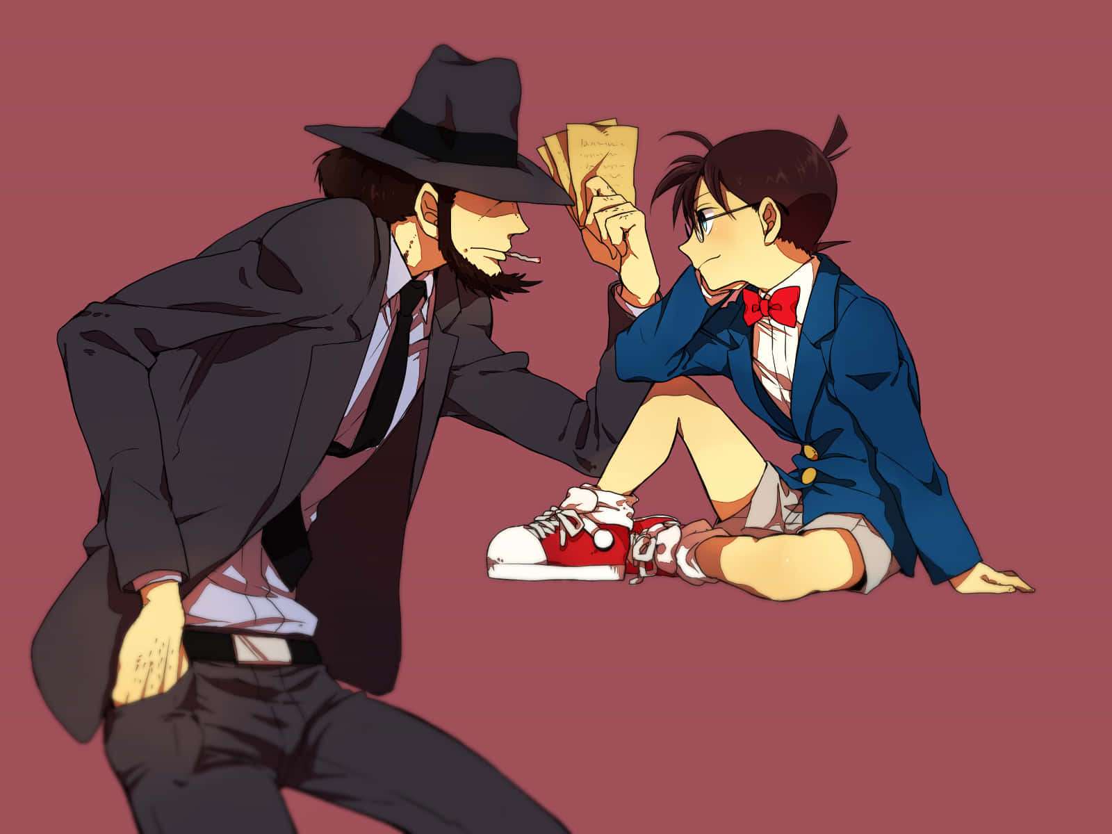 Lupin Iii Daisuke Jigen 桌布 壁紙 — 一名戴著軟呢帽、身穿西裝的偵探俯身靠近一個穿著藍色西裝外套和紅色領結、拿著錢的小男孩，背景是純栗色。