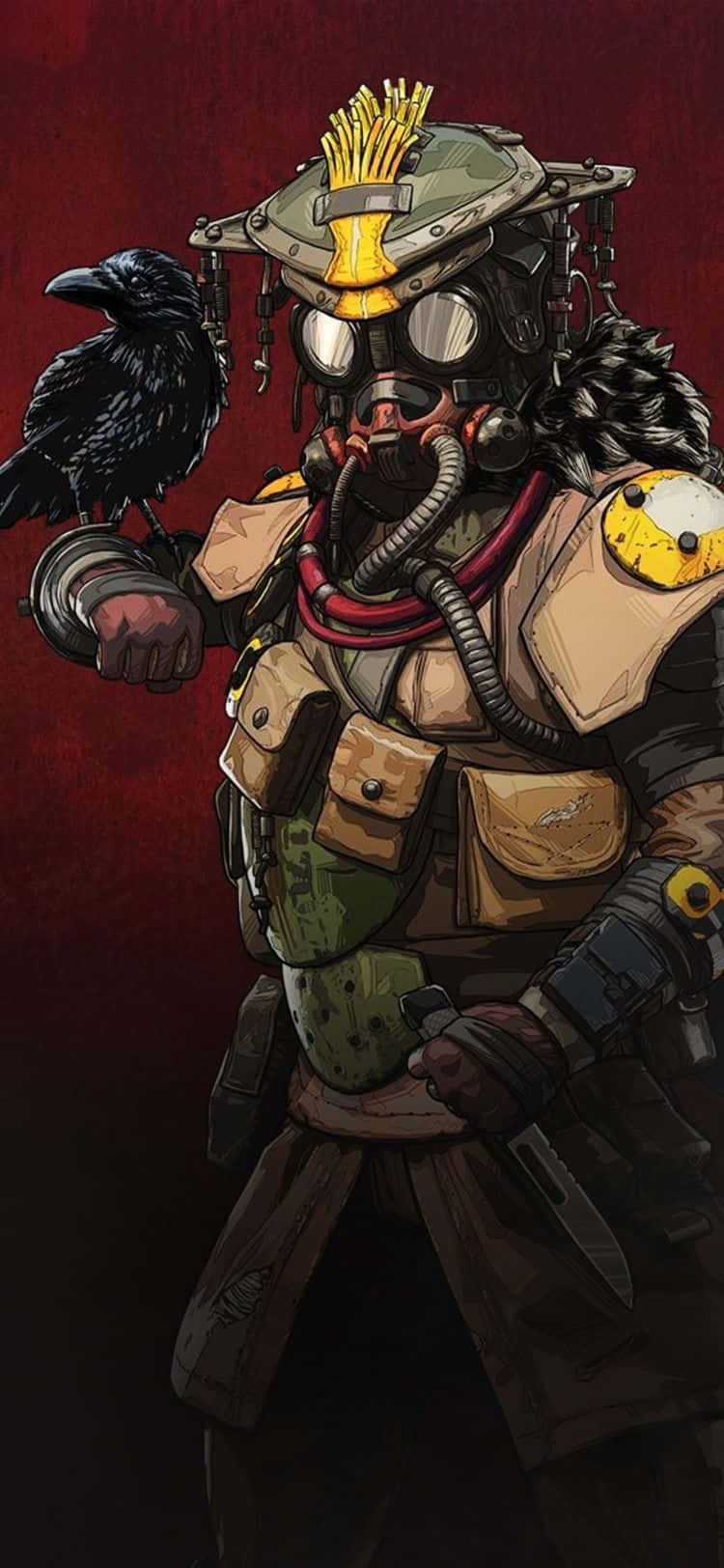 Apex Legends Bloodhound 桌布 壁紙 — 一名戴著防毒面具、頭盔上放著薯條的蒸氣龐克士兵，在深紅色背景下拿著一隻烏鴉和一把刀。
