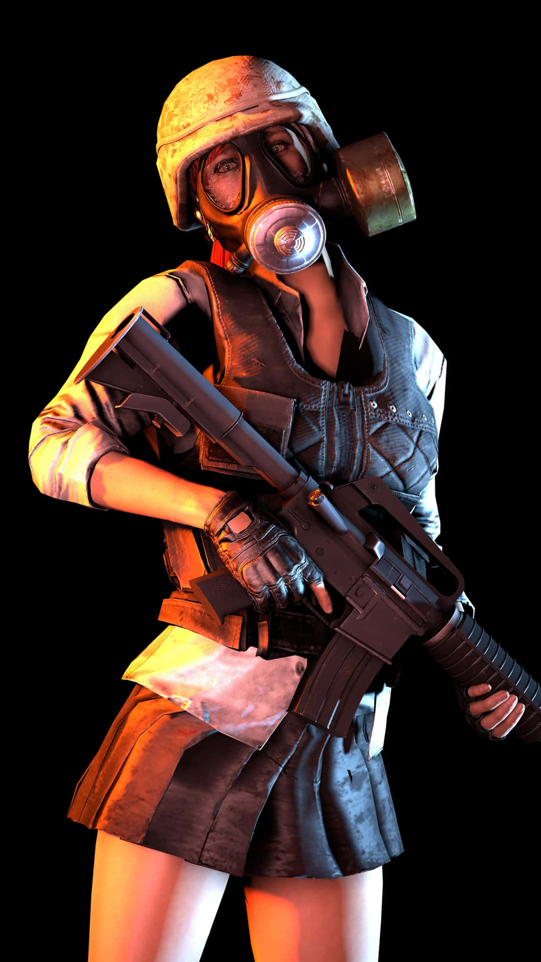 Pubg Guns 桌布 壁紙 — 一名戴著防毒面具和戰術背心的士兵，在戲劇性的橙色燈光下，對著黑色背景舉起步槍。