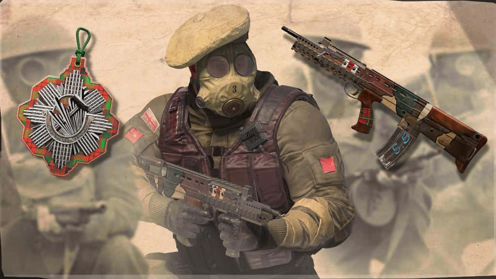 Rainbow Six Siege Sledge 桌布 壁紙 — 一名戴著防毒面具和貝雷帽的士兵，在褪色的戰時背景下，手持步槍，旁邊有一枚裝飾獎章。
