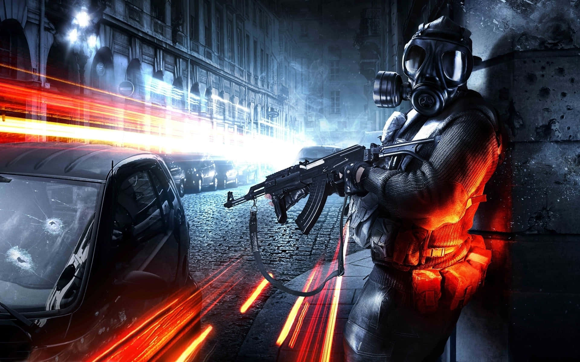 Battlefield 桌布 壁紙 — 一名戴著防毒面具的士兵在夜晚霓虹燈照亮的城市街道上開槍射擊，伴隨著紅色光跡。