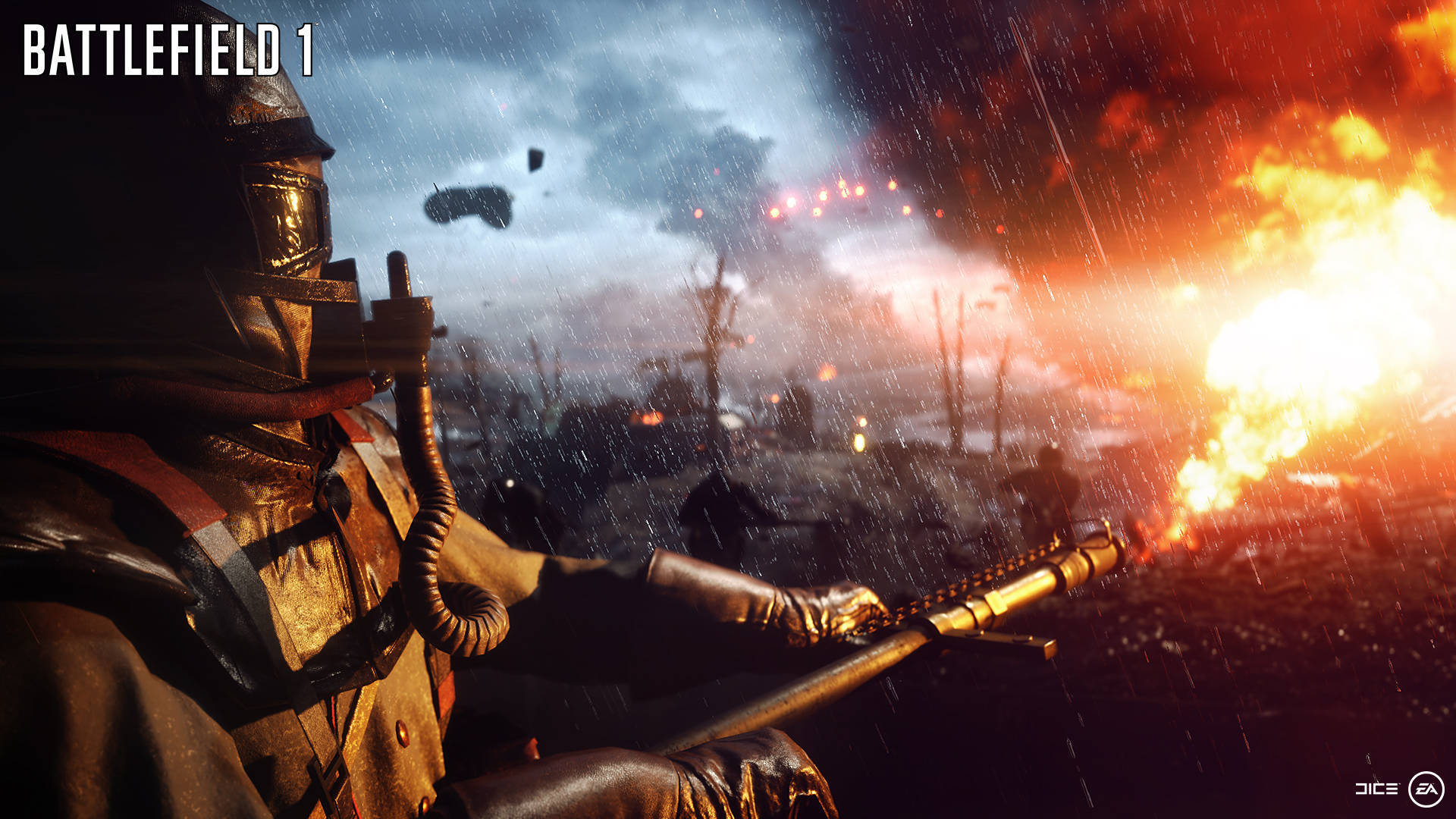 Battlefield 1 HD 桌布 壁紙 — 一名戴著防毒面具的士兵在雨淋的戰場上，被火焰爆炸和煙霧包圍，開火射擊步槍。