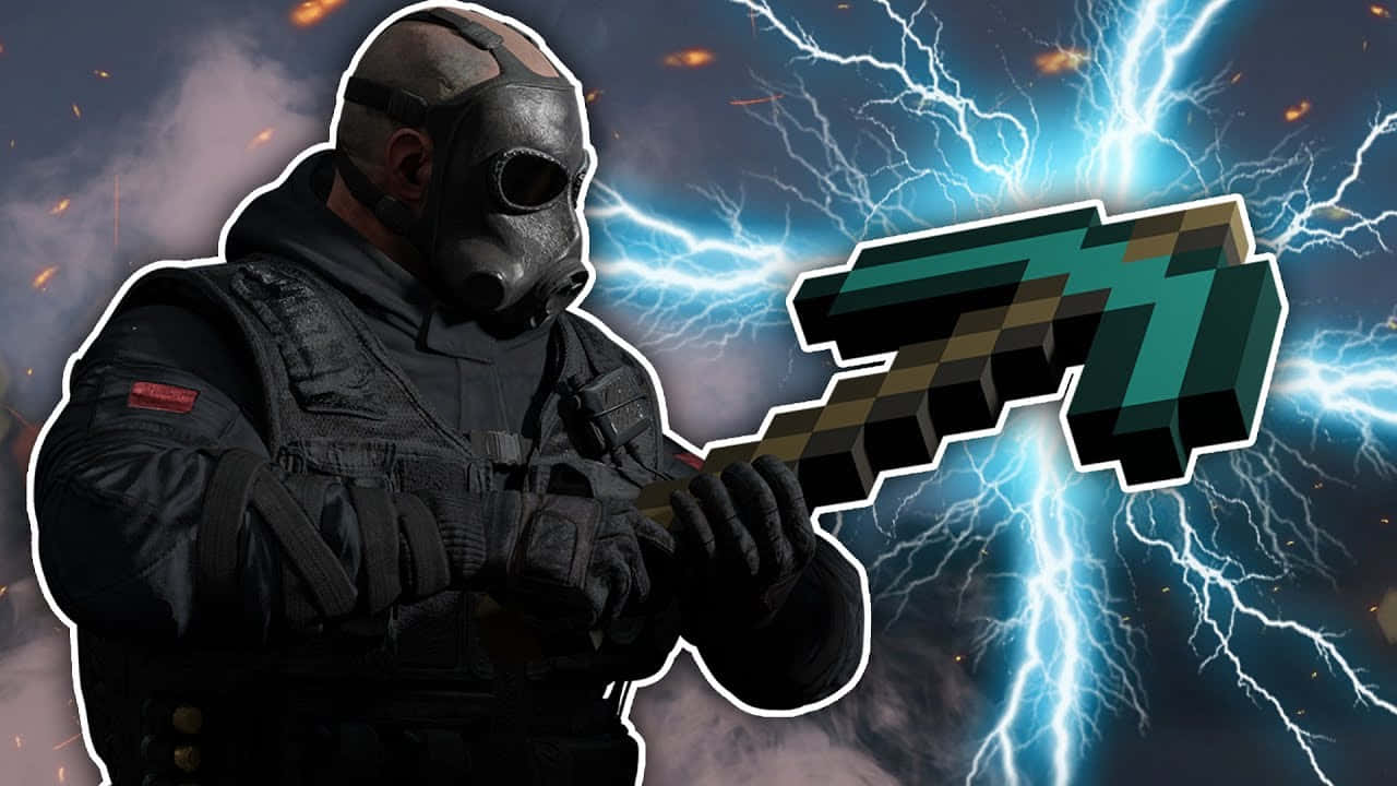 Rainbow Six Siege Sledge 桌布 壁紙 — 一名戴著面具、身穿戰術裝備的士兵，在雷電交加的暴風雨天空中揮舞著像素化的鑽石劍。