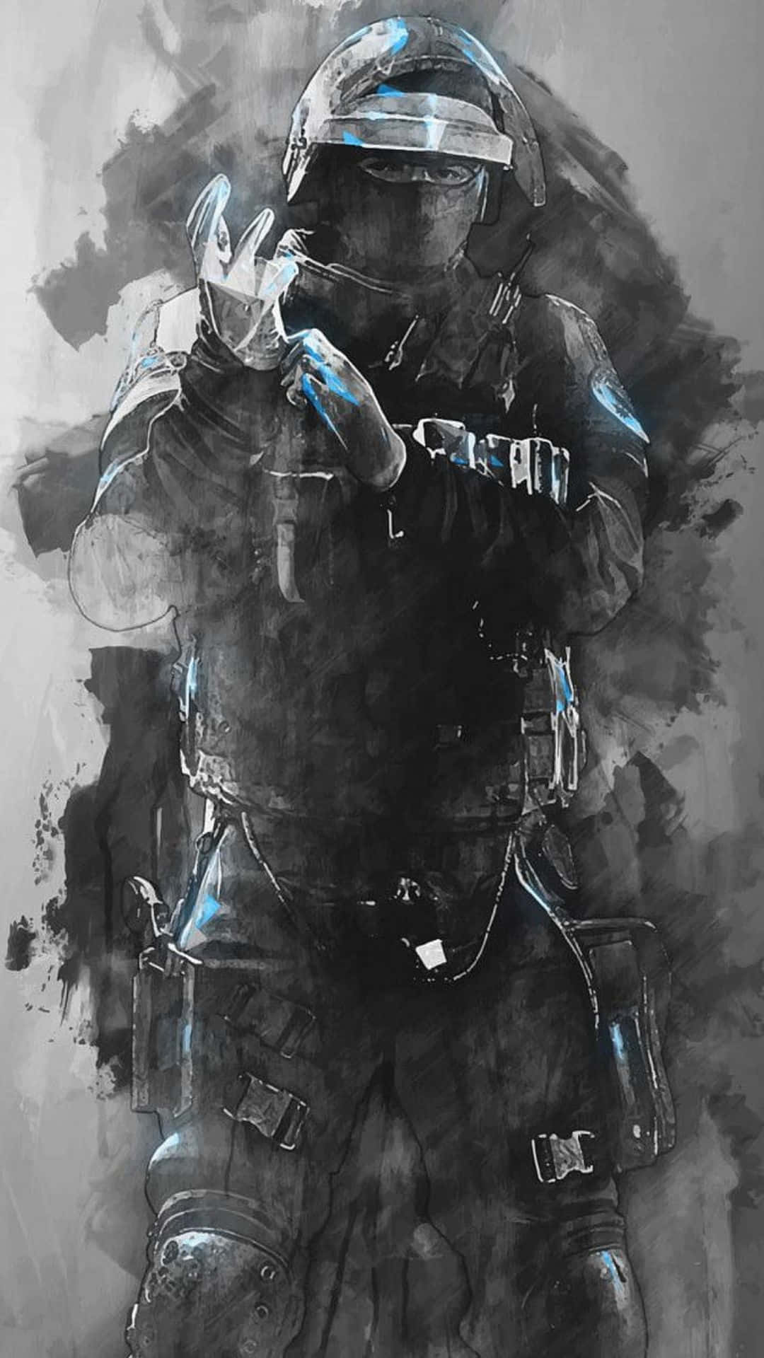 Rainbow Six Siege Operators 桌布 壁紙 — 一名戴著面具、身穿戰術裝備的士兵，在煙霧彌漫的灰色背景下，手持帶有藍色高光的武器。