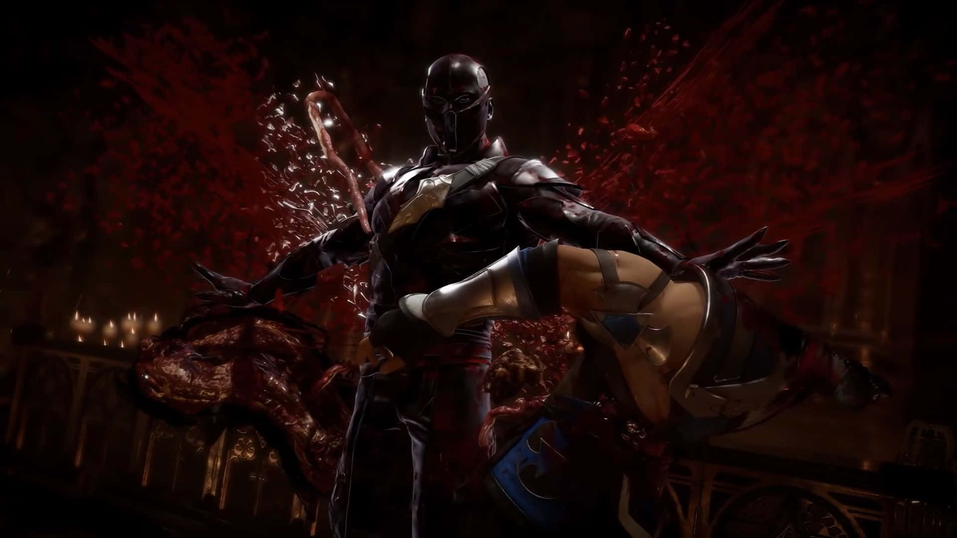 Mortal Kombat Noob Saibot 桌布 壁紙 — 一名戴著面具、身穿暗色鎧甲的戰士，在燭光照耀的哥德式房間中，於猛烈的紅色飛濺中抱著一名被擊敗的對手。