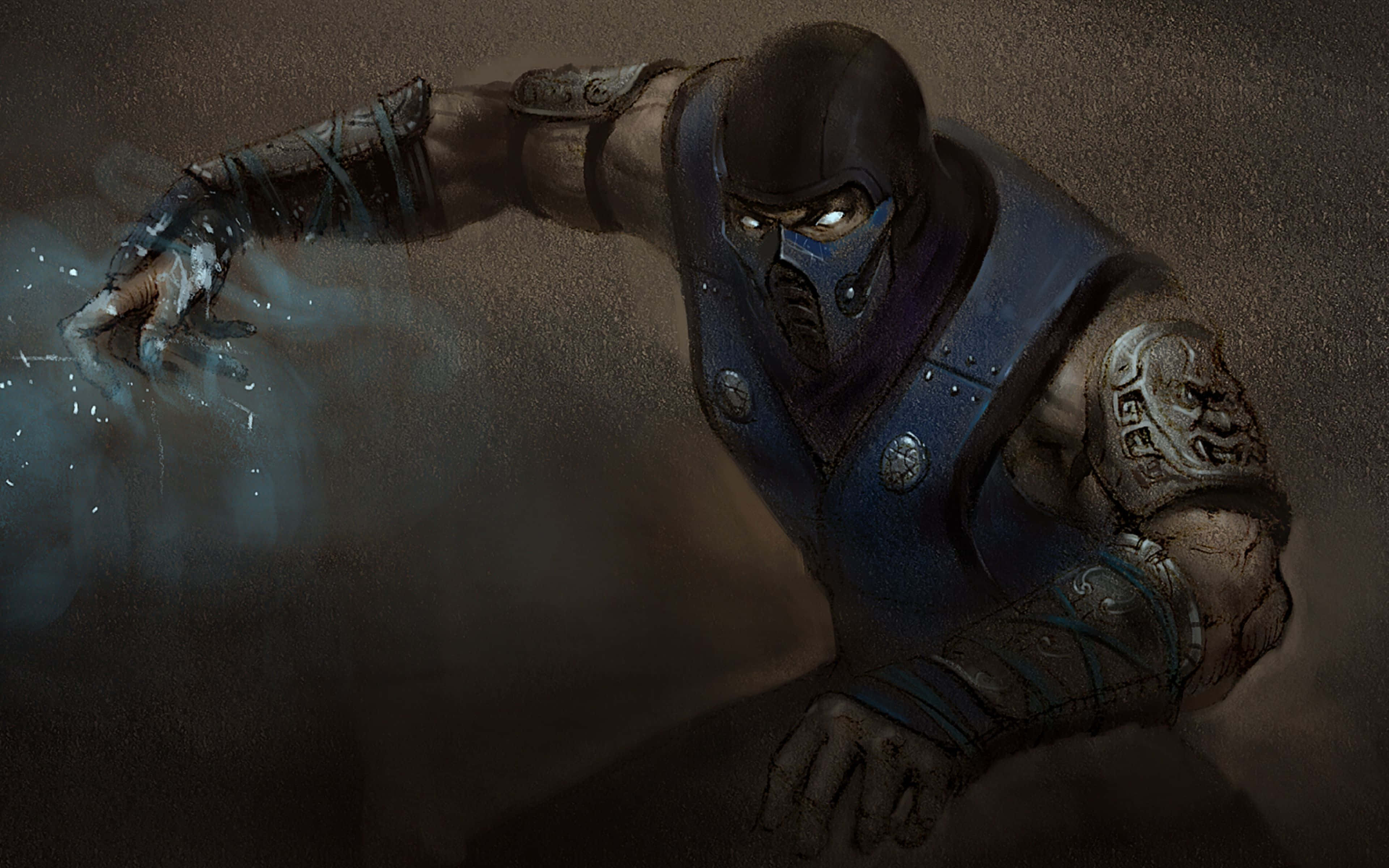 Mortal Kombat Sub-zero 桌布 壁紙 — 一名戴著面具、身穿藍色盔甲的戰士蹲伏著，姿態兇猛，手中散發出冰冷的能量，周圍環境黑暗而粗糙。