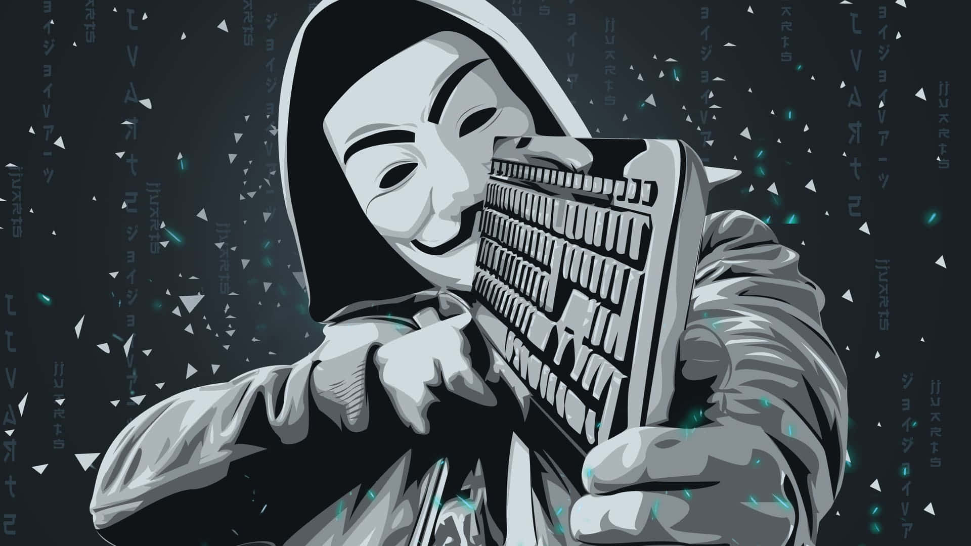 Anonymous 桌布 壁紙 — 一名戴著面具、身穿連帽衫的黑客在墜落的數位代碼和發光的綠色粒子中猛烈地打字。