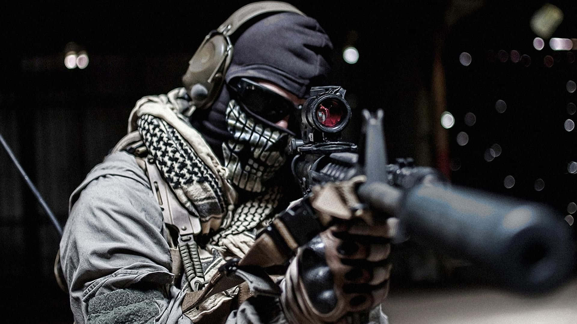 Cod 桌布 壁紙 — 一名戴著面具的士兵身穿戰術裝備，在黑暗模糊的背景和散景燈光中，用帶有紅點瞄準鏡的步槍瞄準。