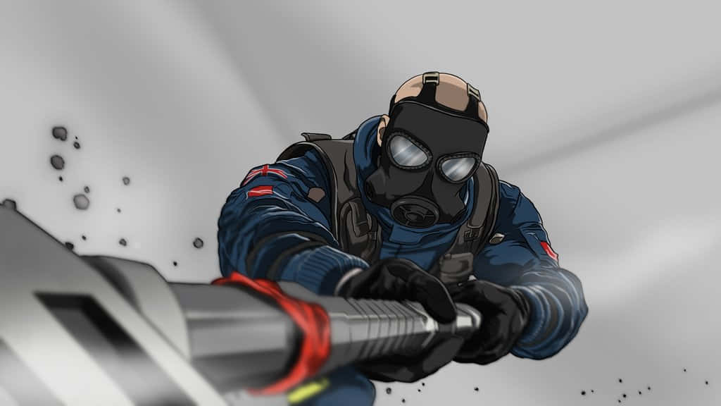 Rainbow Six Siege Sledge 桌布 壁紙 — 一名戴著面具的士兵身穿藍色戰術裝備，在瓦礫和煙霧中握著一把未來風格的武器，呈現出激烈的戰鬥場景。