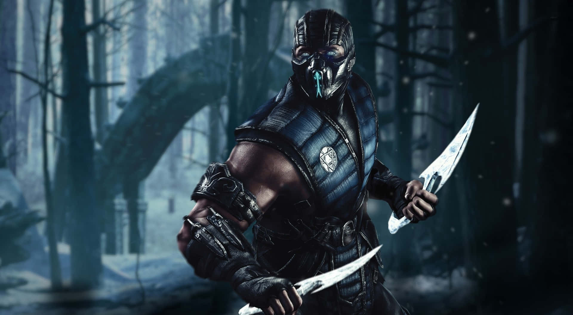 Mortal Kombat Sub-zero 桌布 壁紙 — 一名戴著面具的戰士身穿暗色盔甲，在昏暗光線下的霧氣瀰漫雪林中揮舞兩把彎刀。