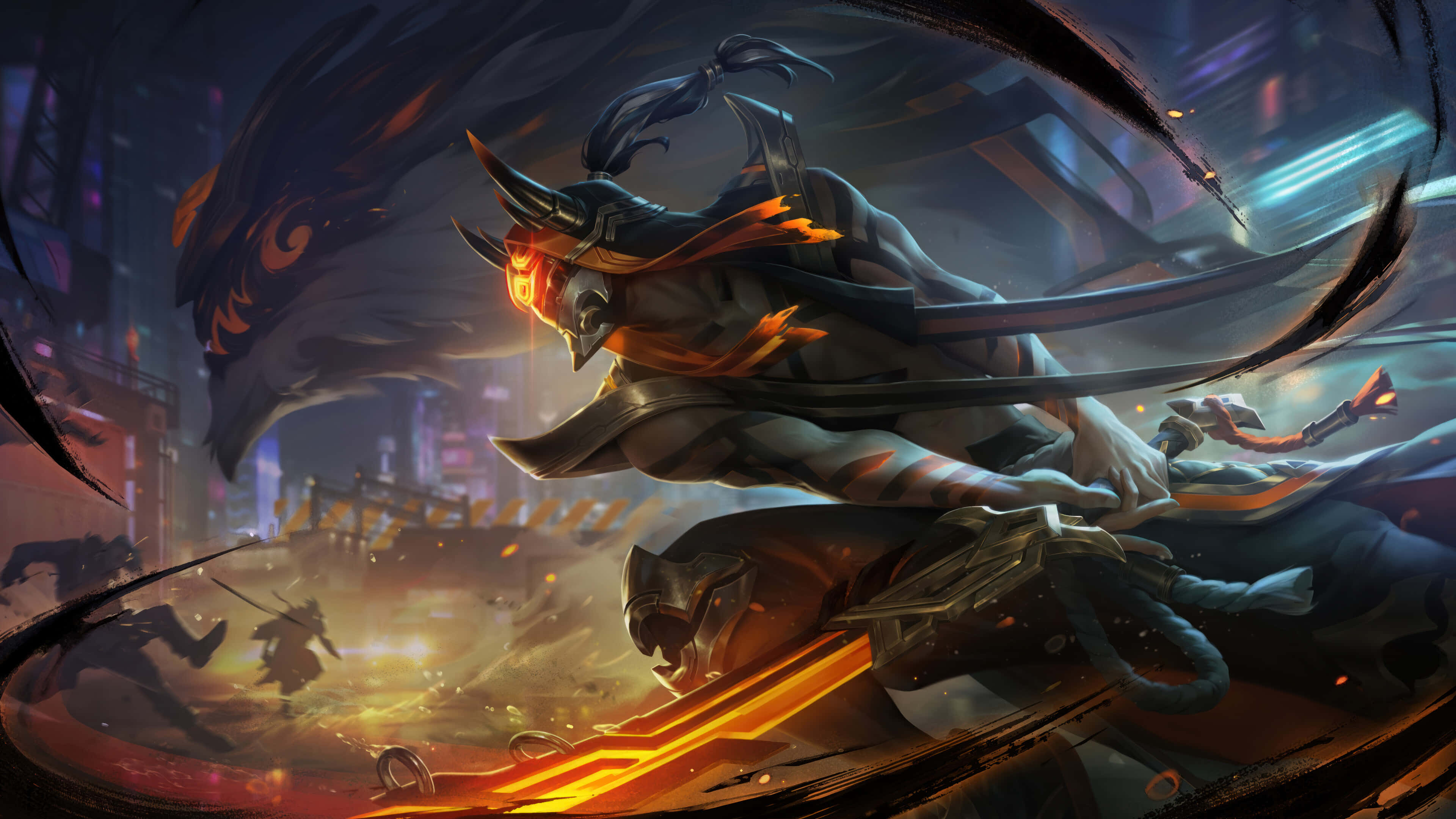 League Of Legends Champions 桌布 壁紙 — 一名戴著面具的火焰戰士跳躍穿過霓虹燈閃爍的賽博龐克城市景觀，揮舞著發光的刀刃。