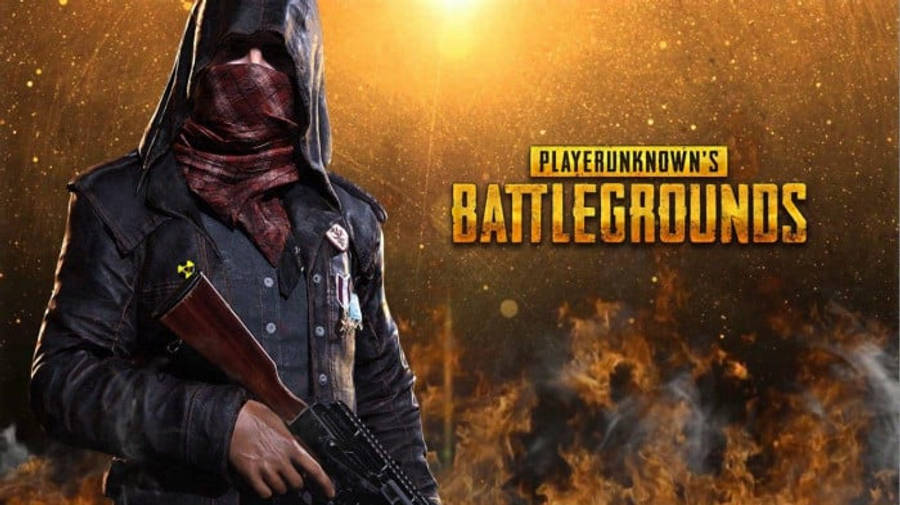 Pubg Logo 桌布 壁紙 — 一名戴著頭巾、圍著紅色圍巾的士兵，在熾熱的金色戰場背景下握著步槍，並有發光的遊戲標題。