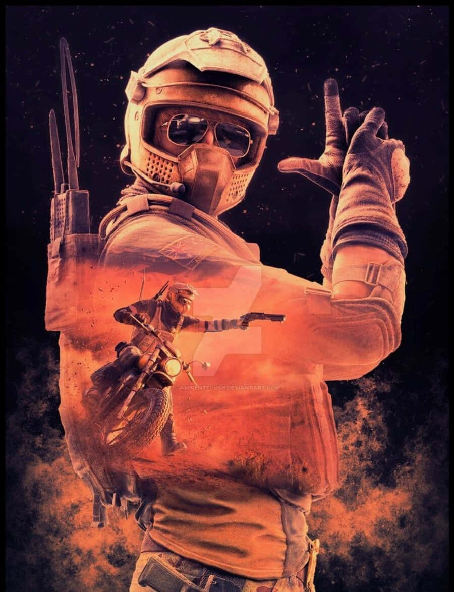 Rainbow Six Siege Mozzie 桌布 壁紙 — 一名戴著頭盔和口罩的士兵做出手勢，而一名電單車手以半透明重疊影像的形式出現在熾熱的橙色背景上。