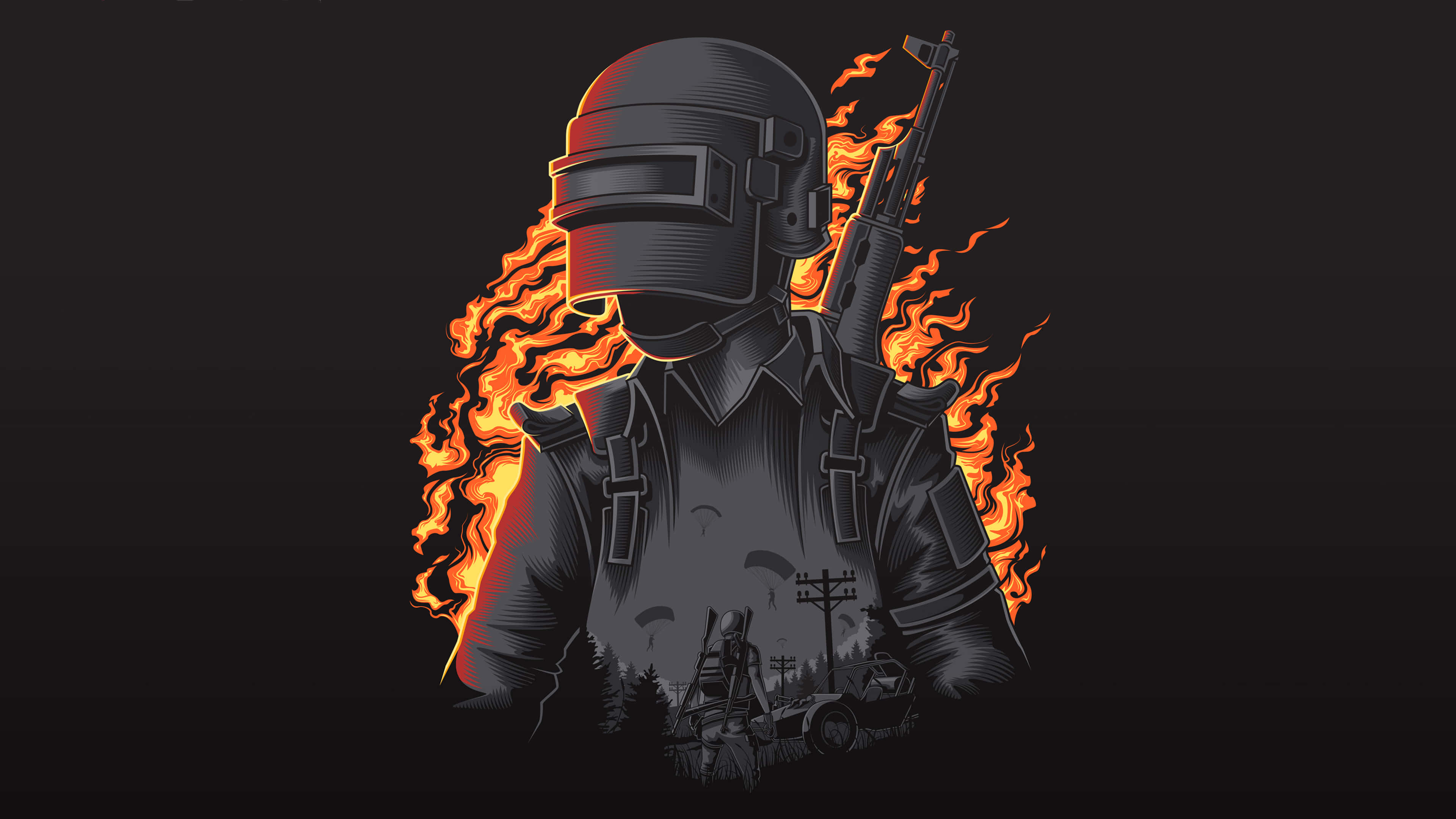 Pubg Banner 桌布 壁紙 — 一名戴著頭盔和戰術裝備的士兵，在黑暗背景和鄉村景觀剪影的襯托下，被熾熱的橙色火焰吞沒。
