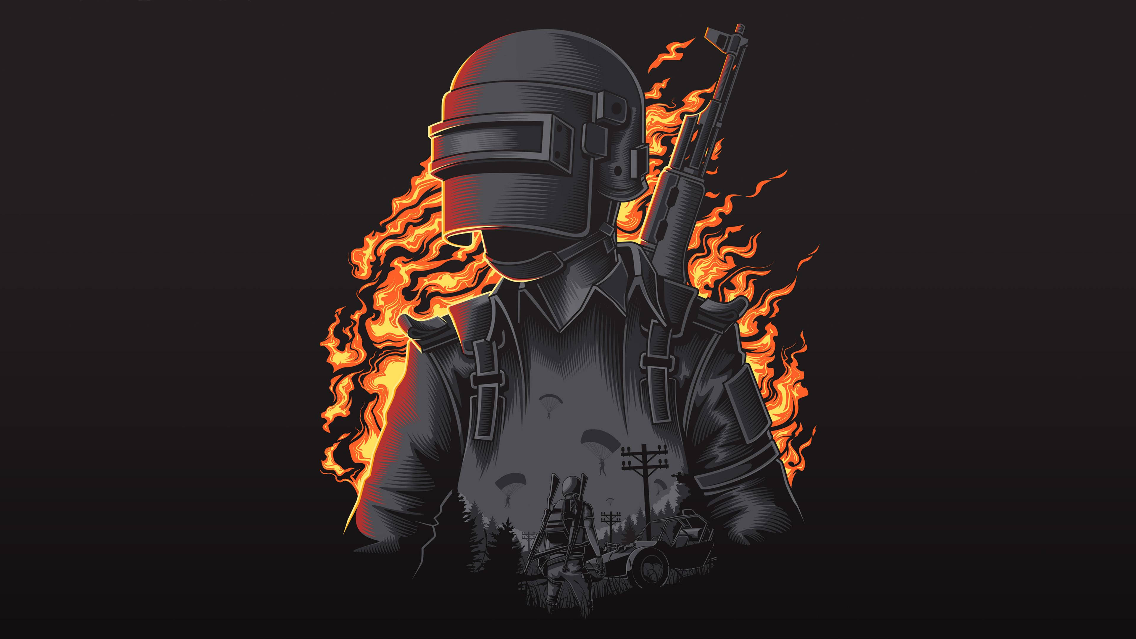 pubg mobile 桌布 壁紙 — 一名戴著頭盔和戰術裝備的士兵，在黑暗背景和鄉村景觀剪影的襯托下，被熾熱的橙色火焰吞沒。