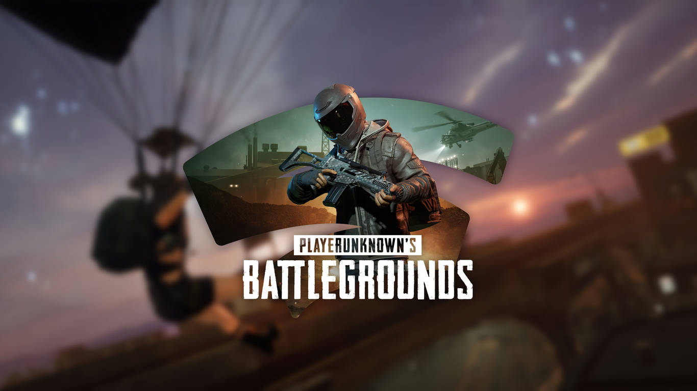 Pubg Logo 桌布 壁紙 — 一名戴著頭盔和裝備的士兵從彎曲的窗戶瞄準步槍，降落傘在黃昏時分降落在飽受戰爭蹂躪的城市上空。