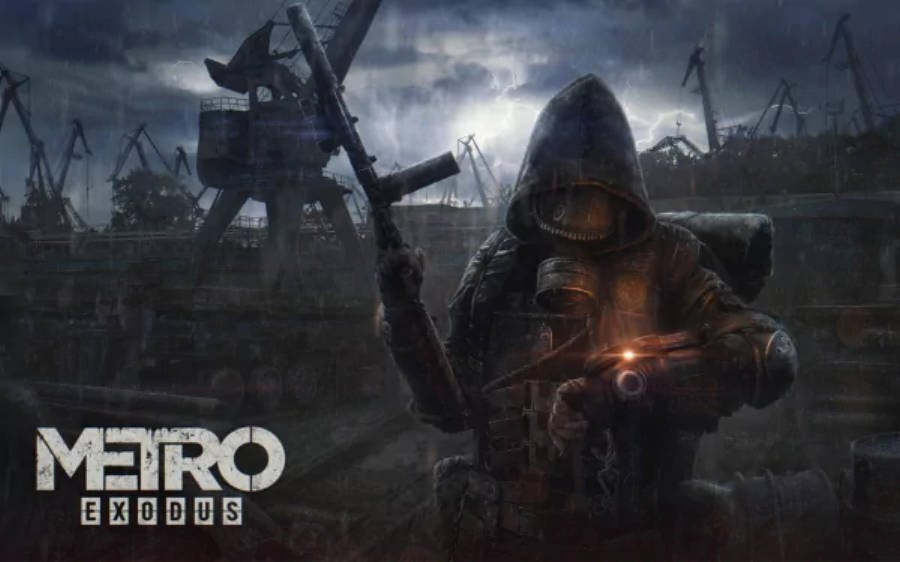 game 桌布 壁紙 — 一名戴著頭罩、防毒面具和盔甲的倖存者，在暴風雨的天空下，於廢棄的工業起重機之間緊握步槍。