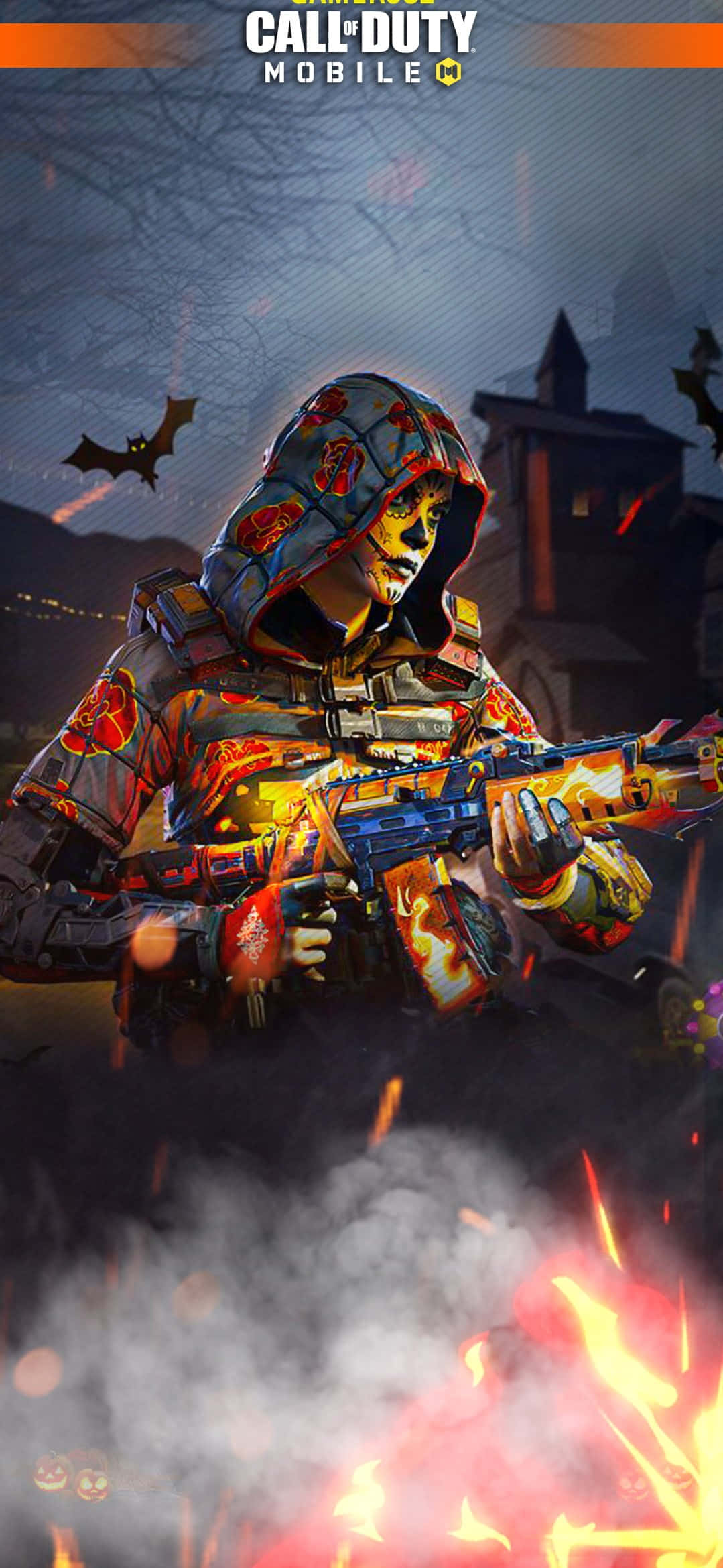 Cod Mobile Character Skins 桌布 壁紙 — 一名戴著頭骨面具的兜帽士兵，在黑暗哥德式場景中，於熾熱爆炸和飛舞蝙蝠間揮舞著發光武器。