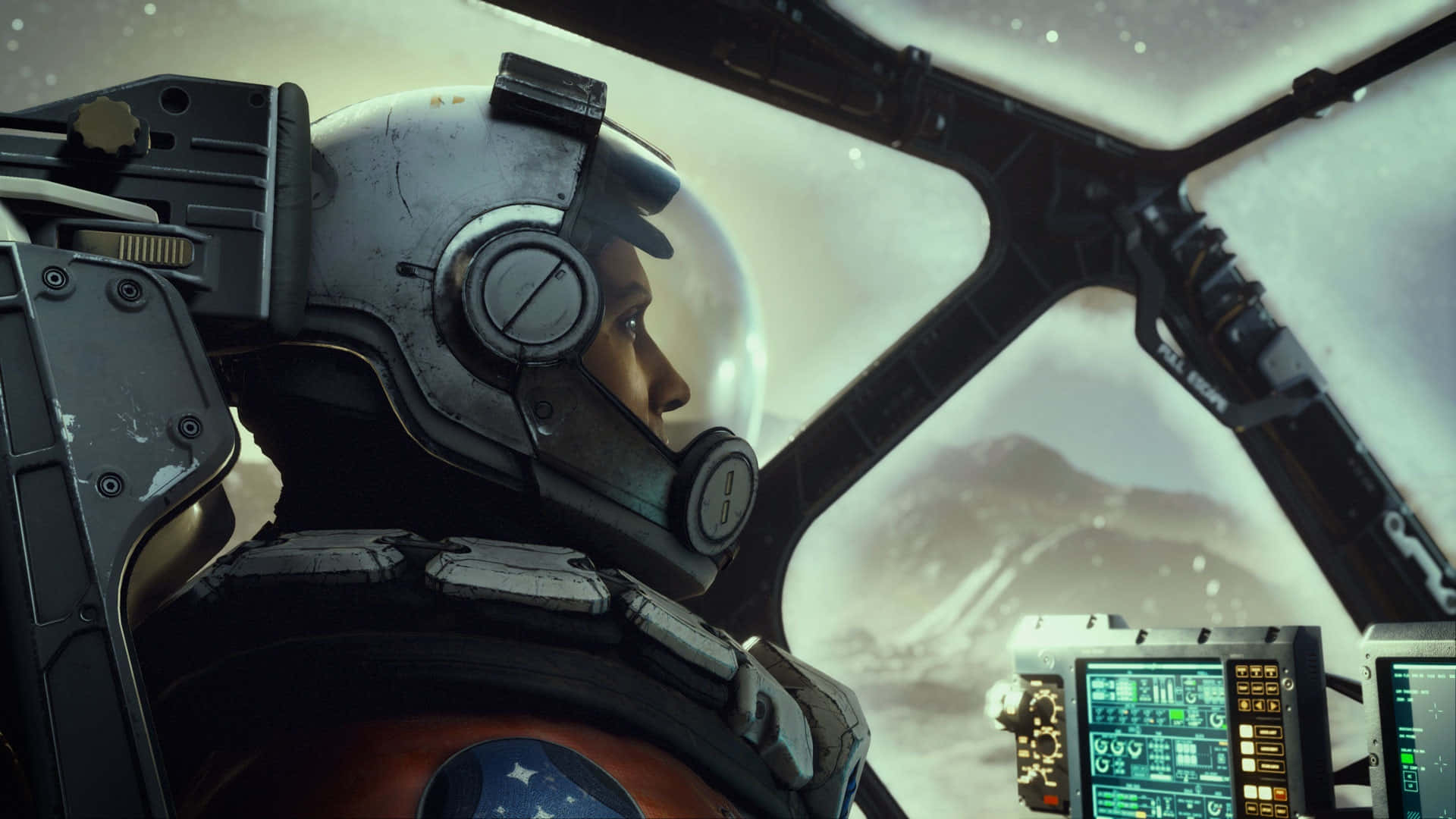 星空動態圖 桌布 壁紙 — 一名戴著風化頭盔的機師從駕駛艙窗戶凝視著霧濛濛天空下白雪覆蓋的外星景觀。