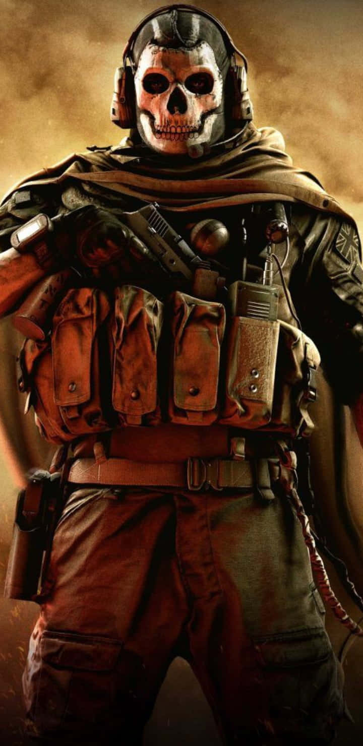 Call Of Duty Ghosts 桌布 壁紙 — 一名戴著骷髏面具和戰術裝備的士兵，在溫暖的金色光線下站在塵土飛揚的戰場上。