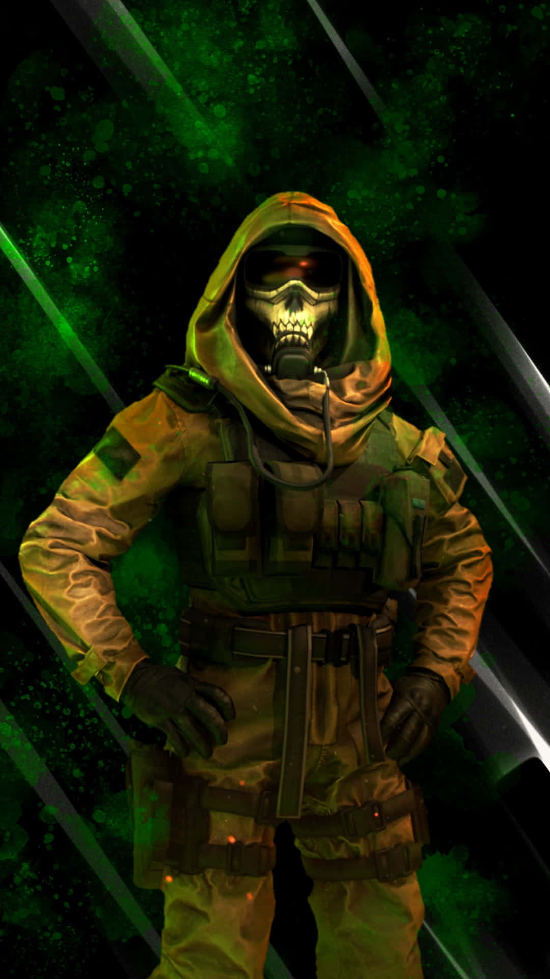 Cod Mobile Character Skins 桌布 壁紙 — 一名戴著骷髏面具和戰術裝備的威脅士兵，站在深綠色霓虹燈背景前。