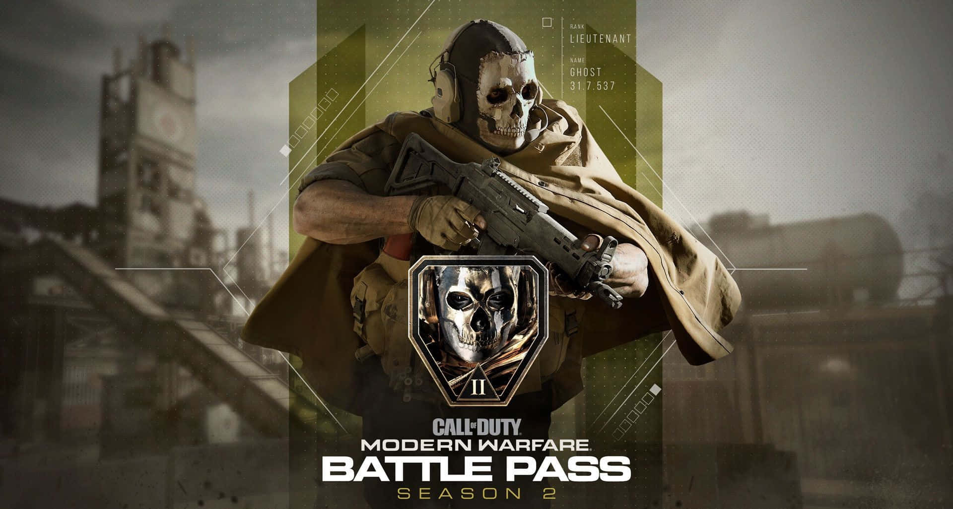 Call Of Duty Battles 桌布 壁紙 — 一名戴著骷髏面具和披風的士兵，在戰火摧殘的城市背景下手持步槍，並帶有戰鬥通行證品牌標識。