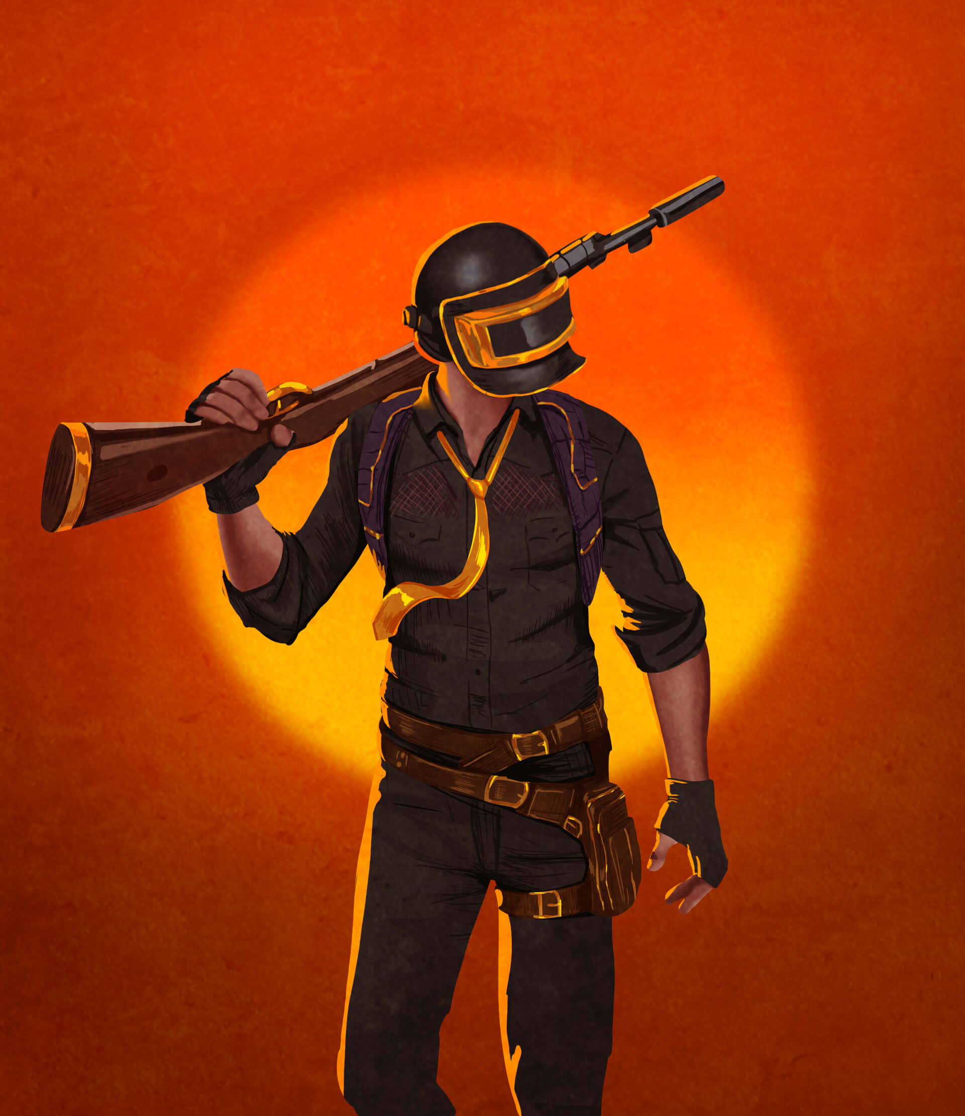 Pubg Banner 桌布 壁紙 — 一名戴著黑色頭盔和裝備的士兵，在橙色夕陽背景下肩上扛著步槍。