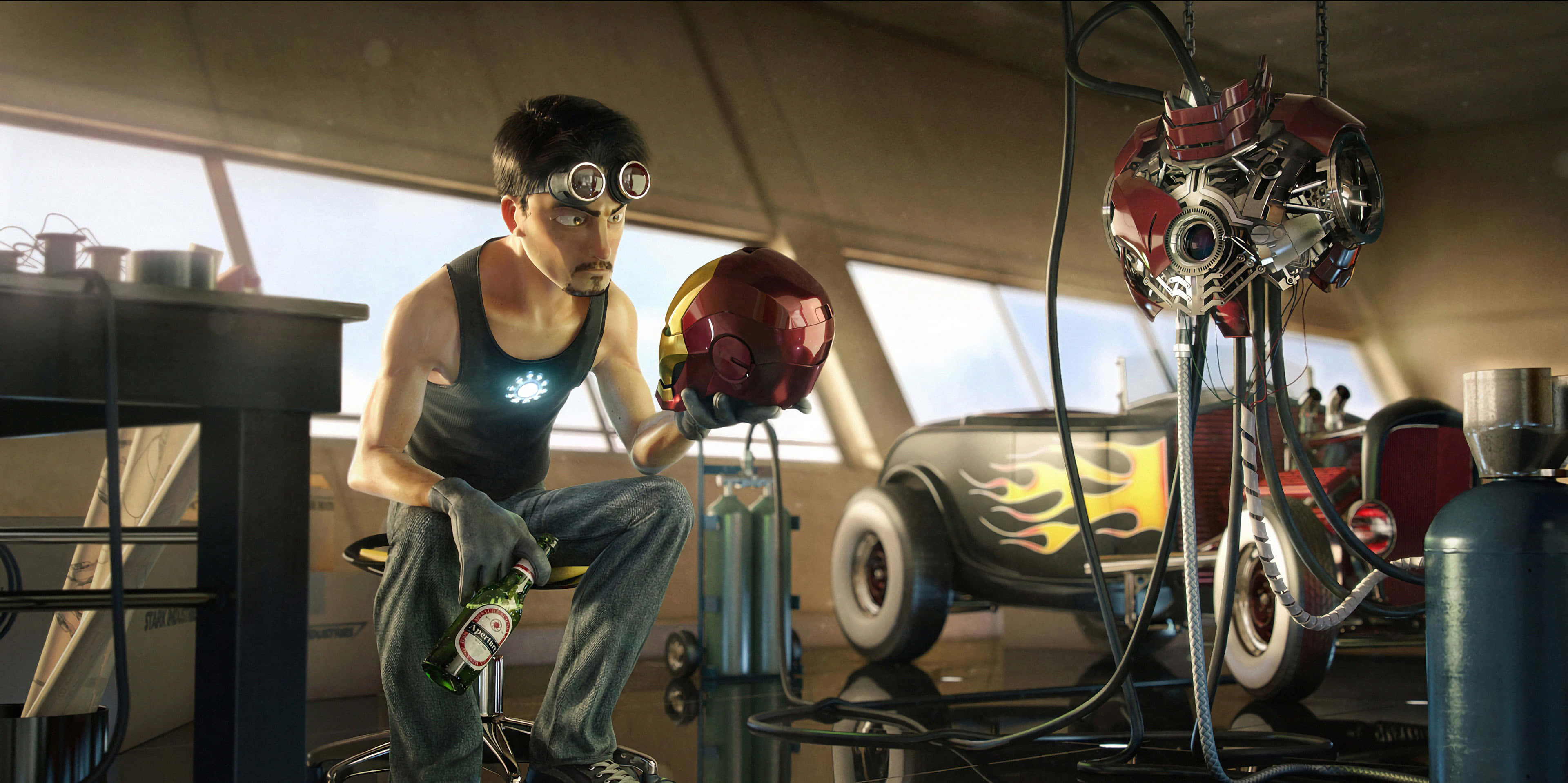 Iron Man Fan Art 桌布 壁紙 — 一名戴護目鏡的男子坐在車房內一輛火焰裝飾的改裝車旁，手持紅色頭盔。