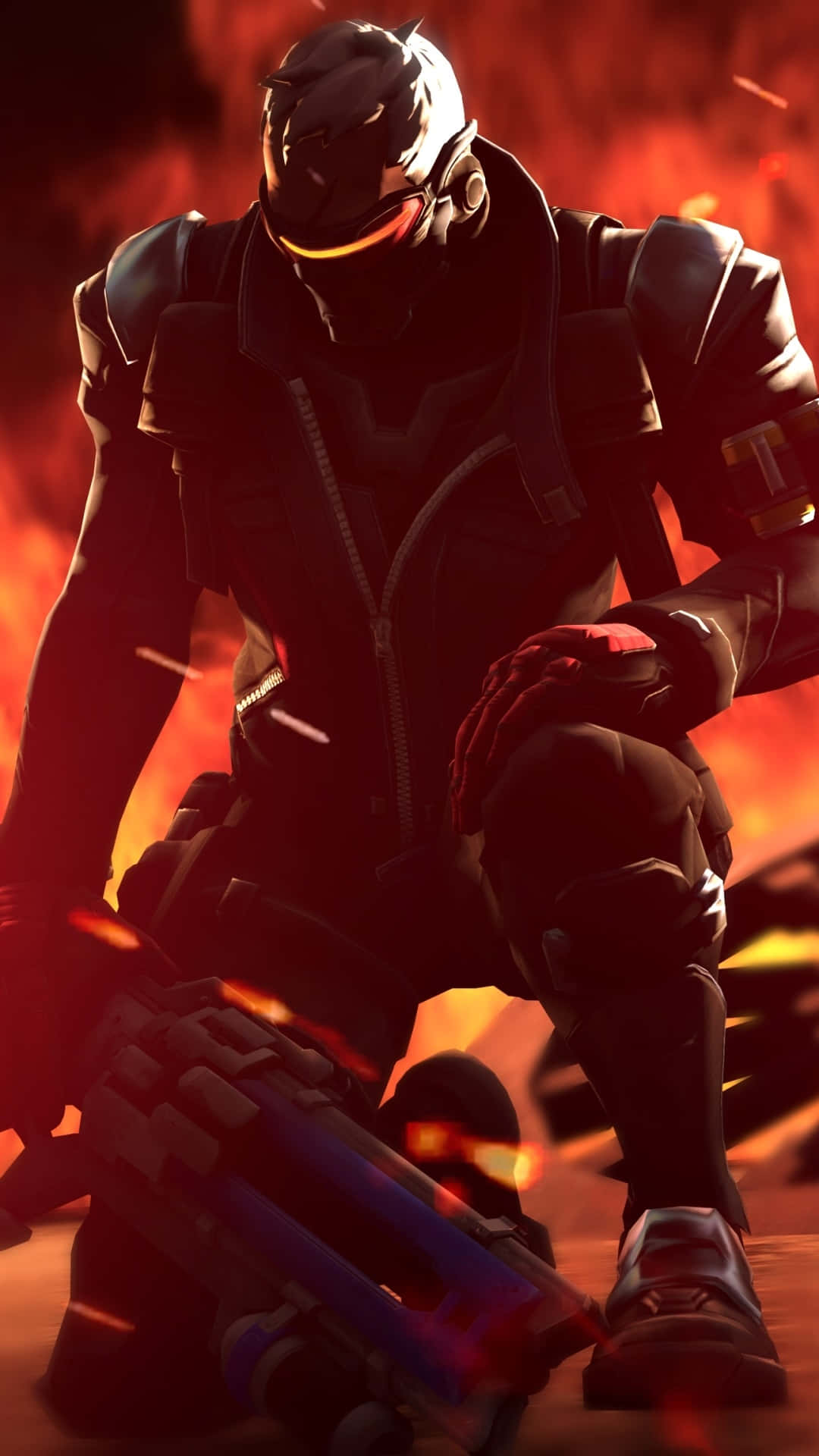 Soldier 76 桌布 壁紙 — 一名戴面具的士兵身穿暗色盔甲，在熾熱爆炸中跪地，手持發光武器。