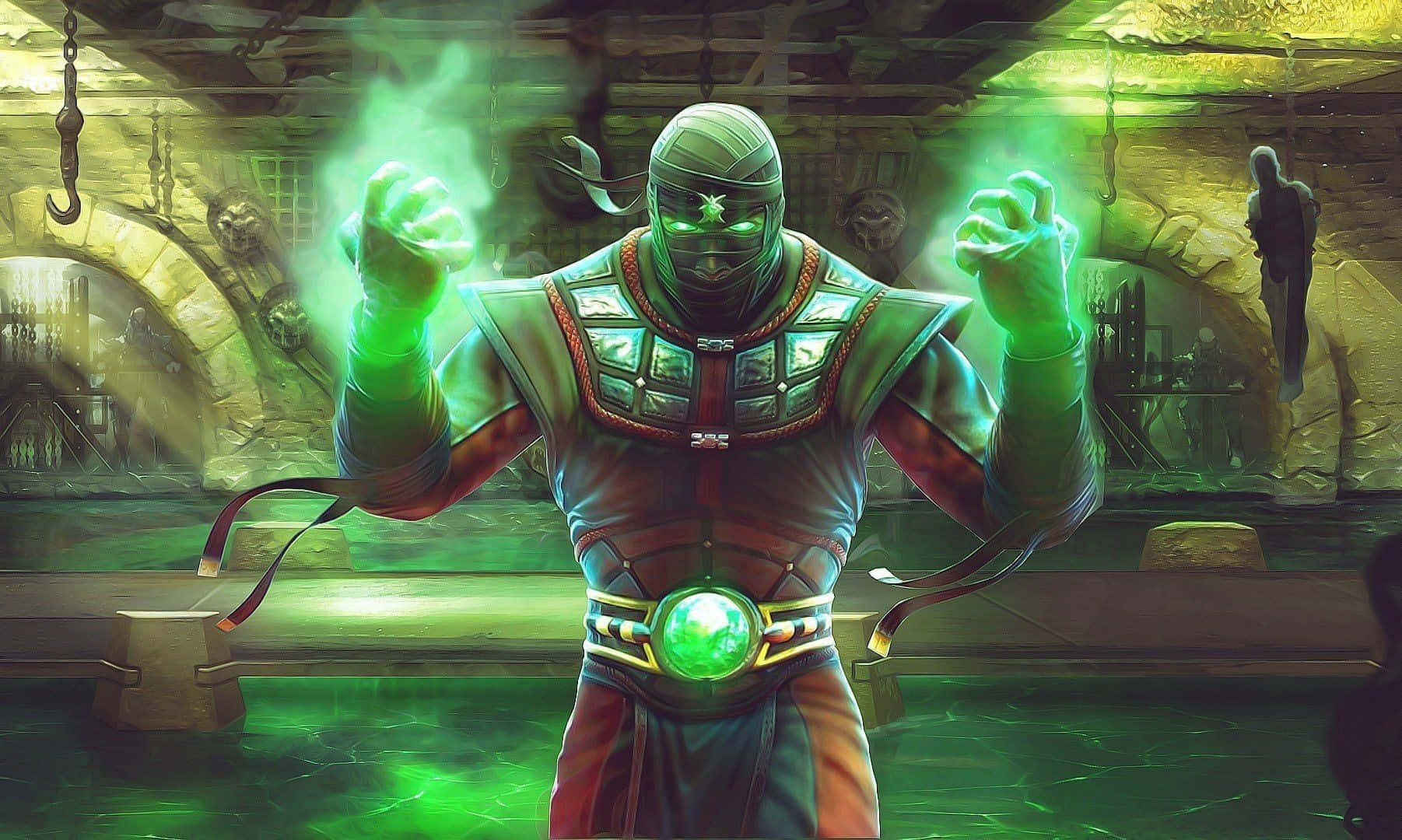 Mortal Kombat Ermac 桌布 壁紙 — 一名戴面具的忍者戰士在昏暗的地牢中，利用懸掛的鉤子和石拱門引導發光的綠色能量。