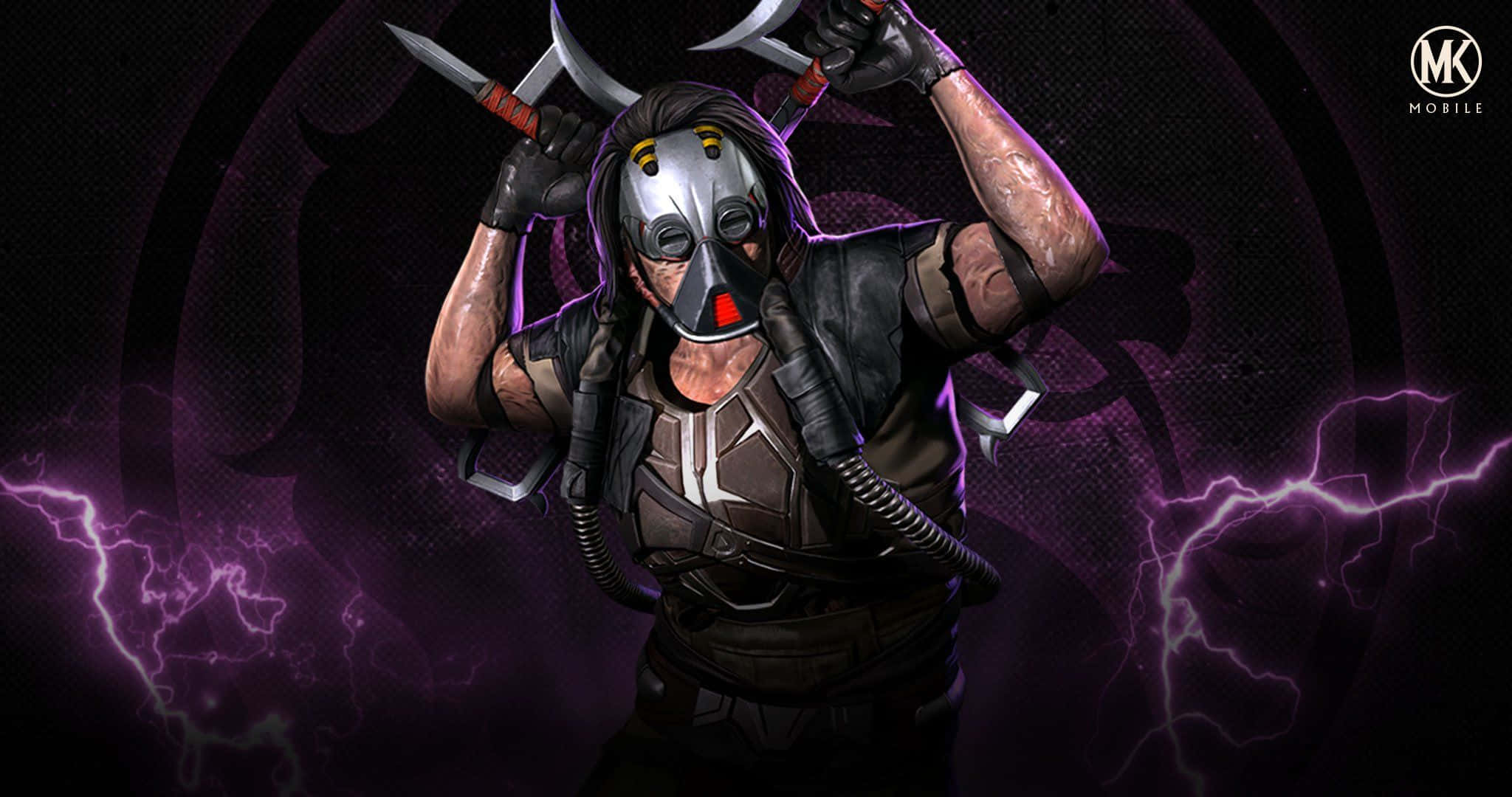 Mortal Kombat Kabal 桌布 壁紙 — 一名戴面具的忍者戰士在深紫色暴風雨背景中揮舞雙刀，伴隨著電光閃電。