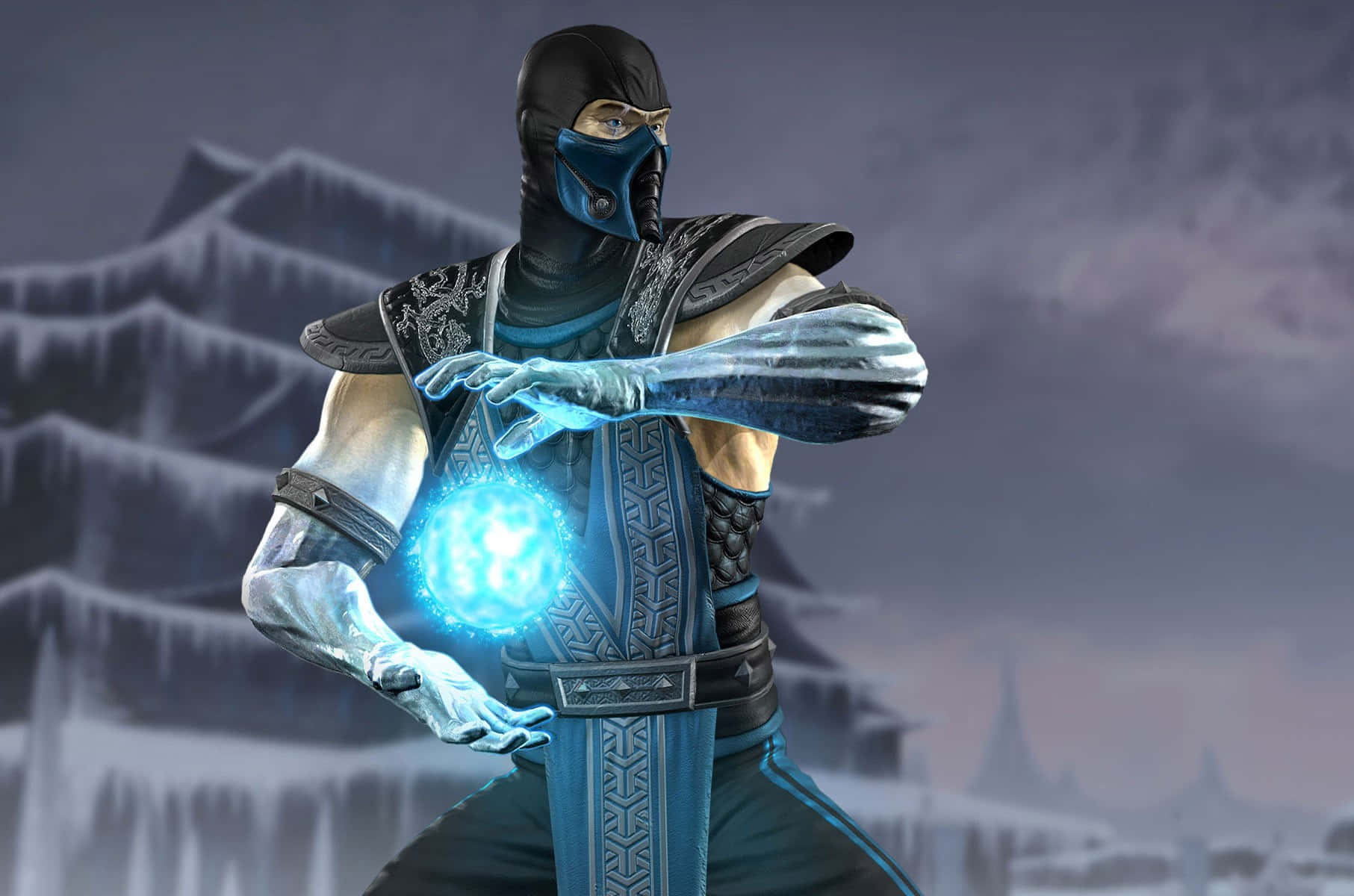 Mortal Kombat Sub-zero 桌布 壁紙 — 一名戴面具的忍者戰士在風暴天空下的冰雪覆蓋廢墟中引導發光的藍色能量。