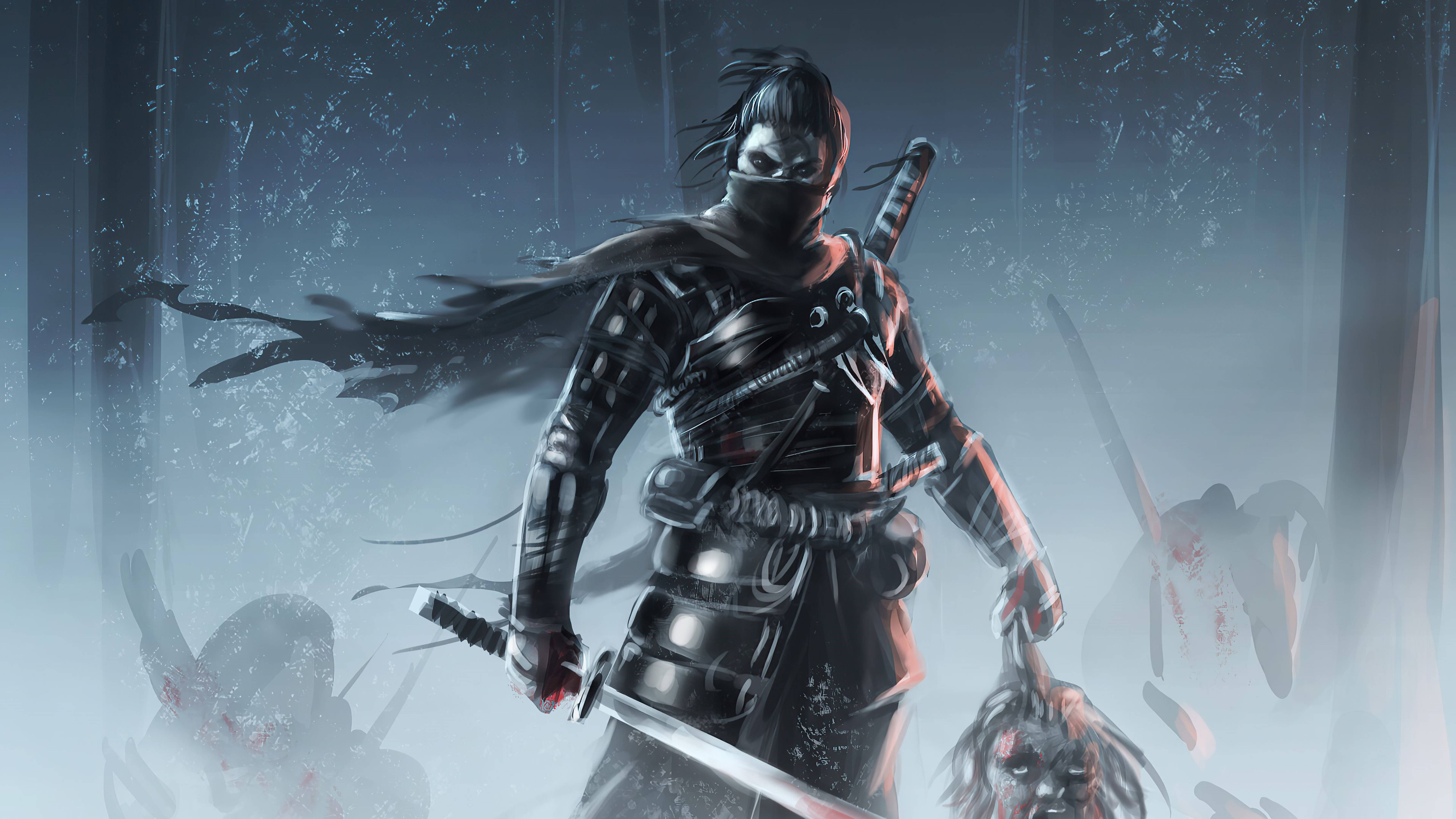 對馬戰鬼 桌布 壁紙 — 一名戴面具的忍者戰士身穿暗色盔甲，在霧氣瀰漫的戰場上手持劍，周圍是倒下的敵人。