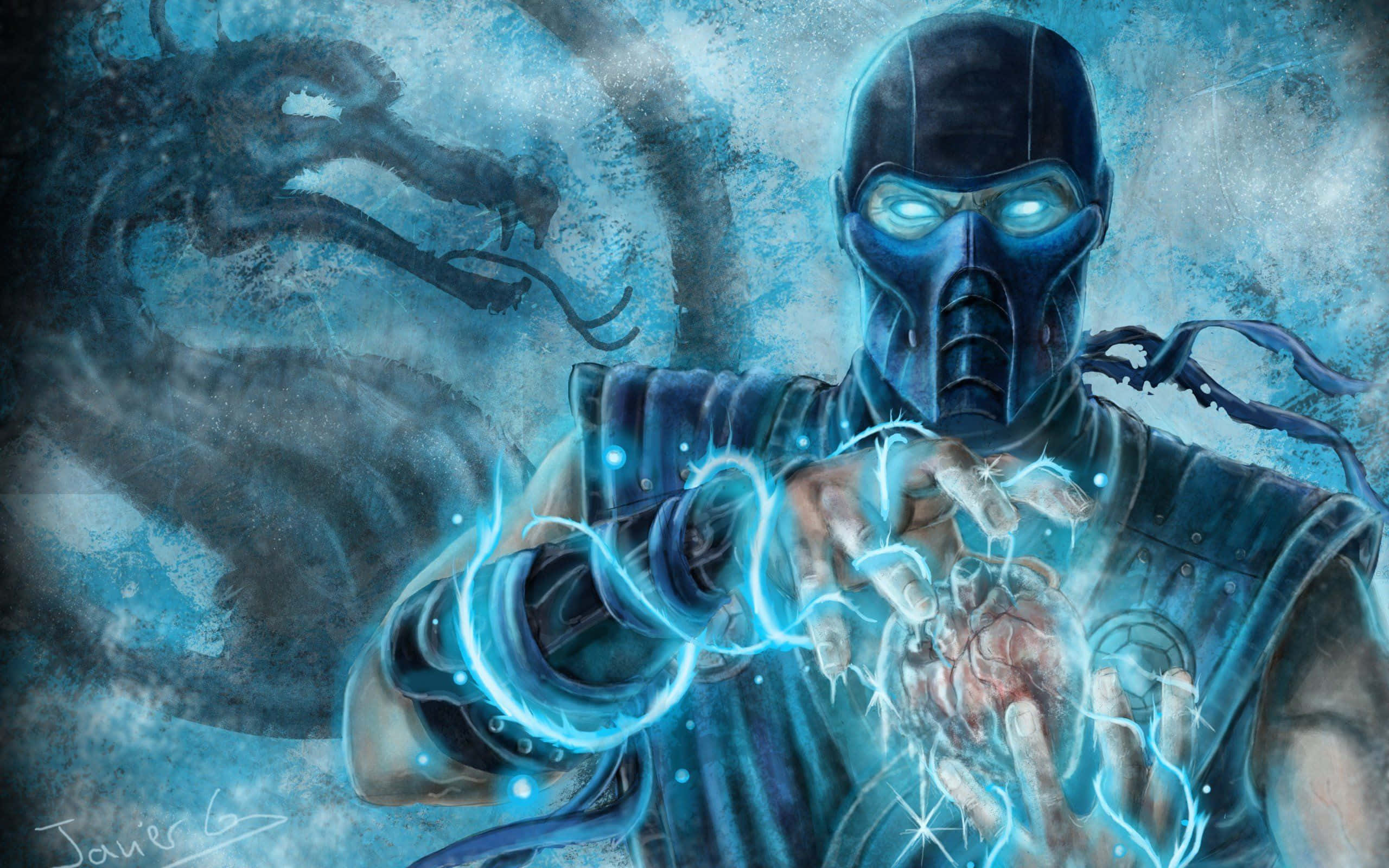 Mortal Kombat Sub-zero 桌布 壁紙 — 一名戴面具的戰士在暴風雨的天空下，透過雙手引導電藍色能量，背景有一條陰影龍。