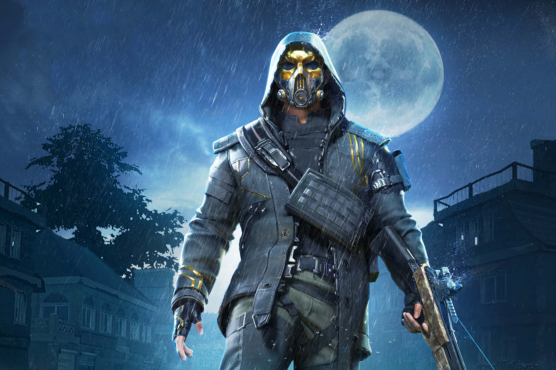 Pubg Banner 桌布 壁紙 — 一名戴面具的戰士身穿戰術裝備，在滿月下站在黑暗的城市小巷中淋雨。