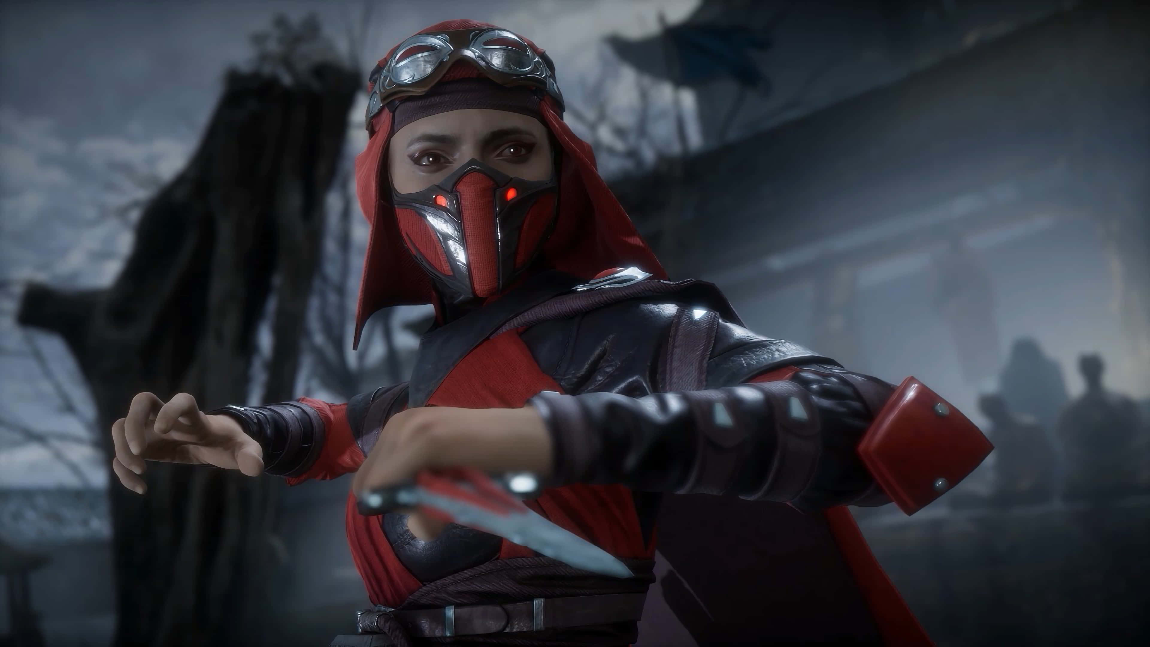 Mortal Kombat Characters 桌布 壁紙 — 一名戴面具的戰士身穿紅黑裝備，在迷霧籠罩、陰森詭異的戶外環境中揮舞匕首。