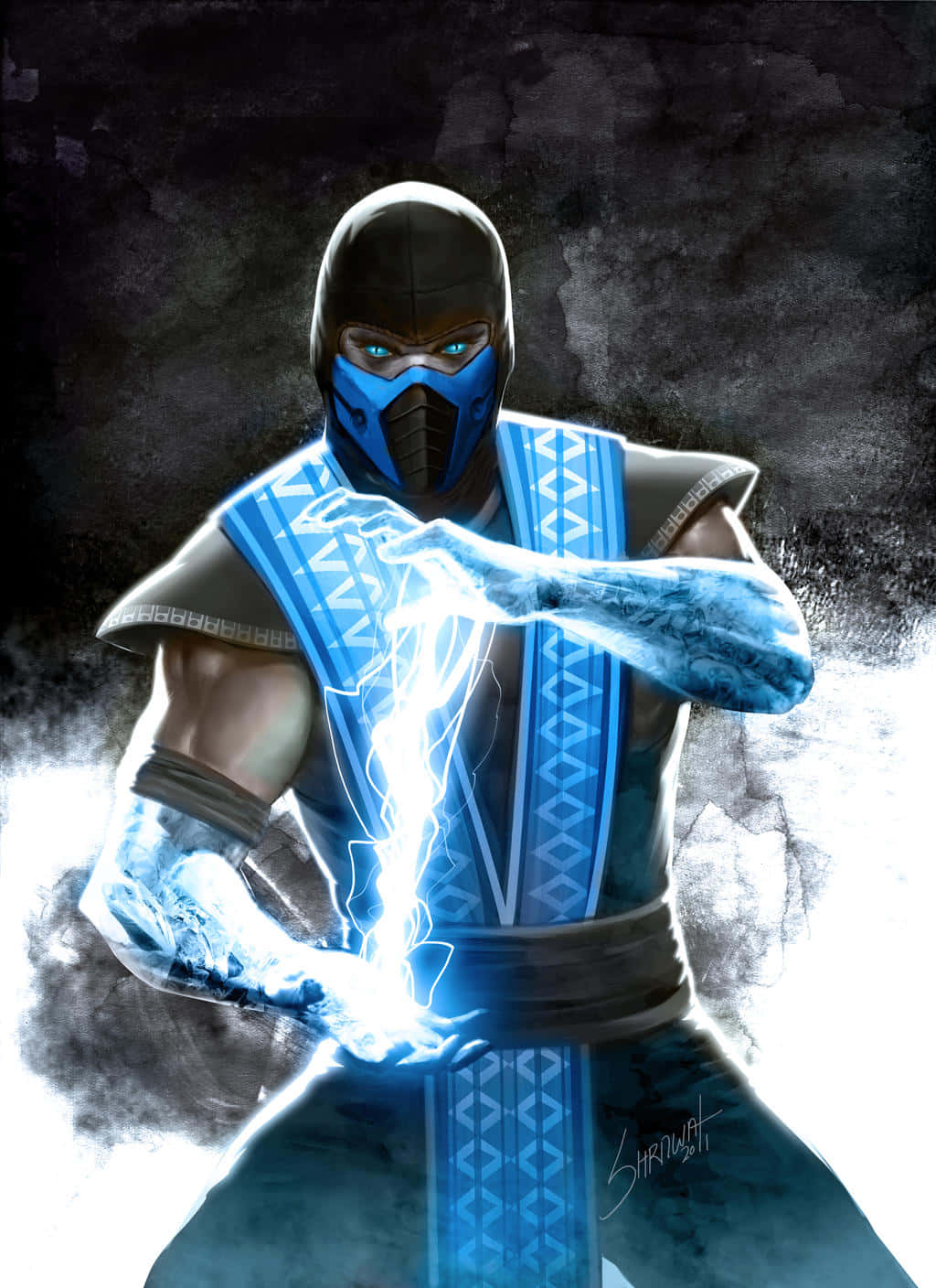 Mortal Kombat Sub-zero 桌布 壁紙 — 一名戴面具的戰士身穿藍色盔甲，在黑暗煙霧背景中雙手之間引導電能。