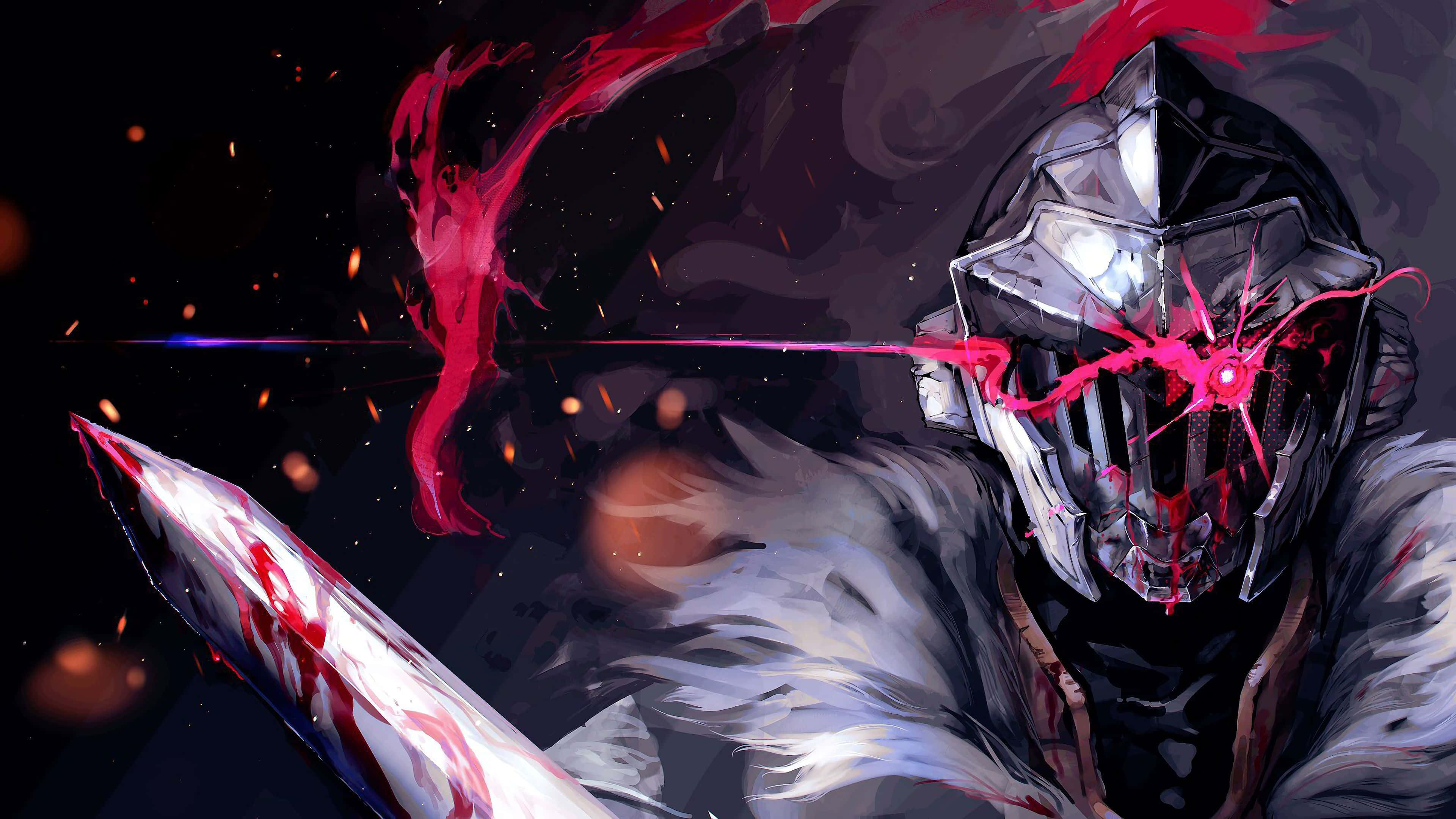 Goblin Slayer 桌布 壁紙 — 一名戴面具的戰士身穿黑色盔甲，在黑色背景中揮舞著沾血的劍，伴隨著紅色能量和飛濺的火花。