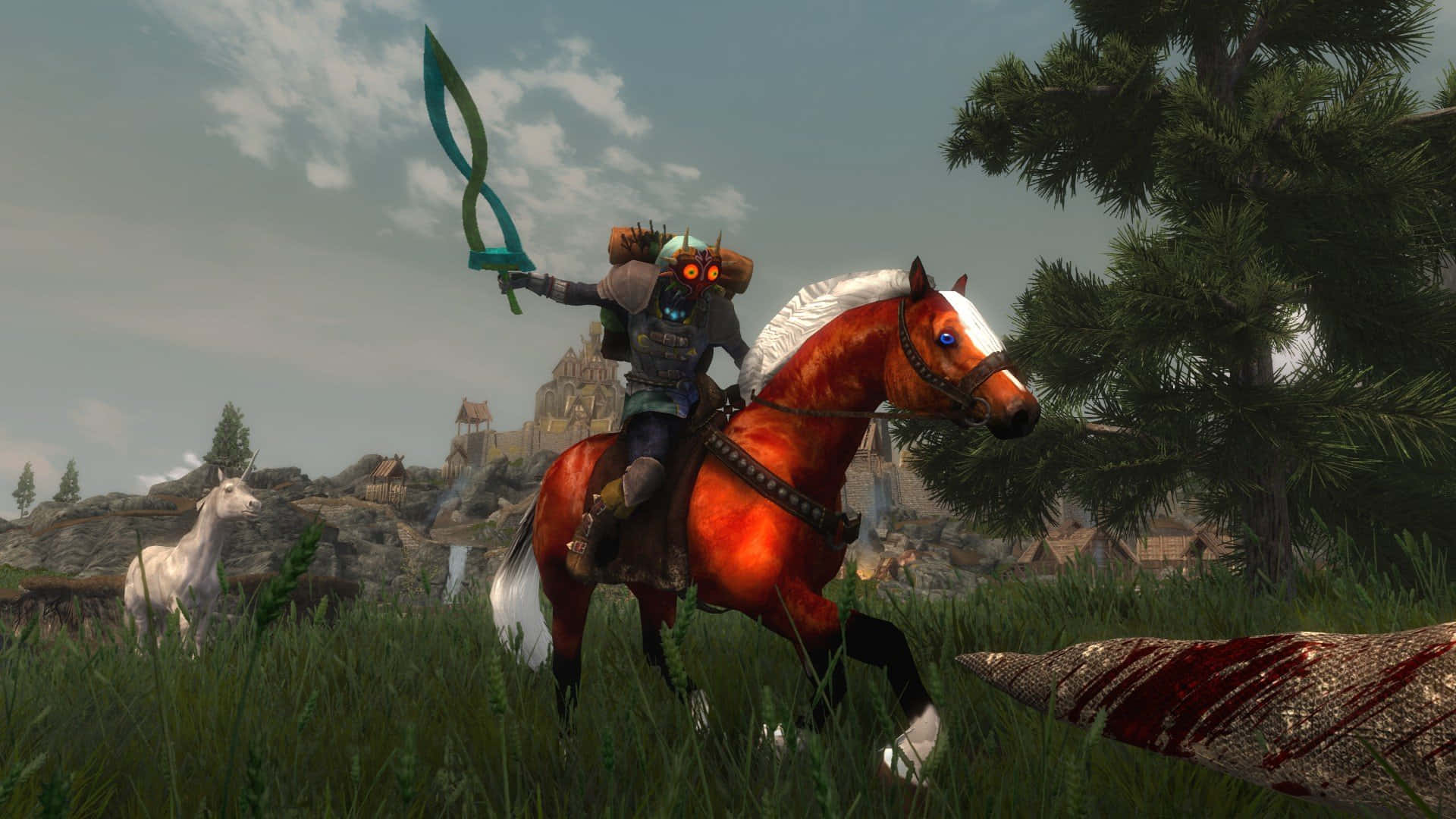 The Legend Of Zelda Epona 桌布 壁紙 — 一名戴面具的戰士騎著火紅色的馬，穿過草地，遠處有一座城堡。