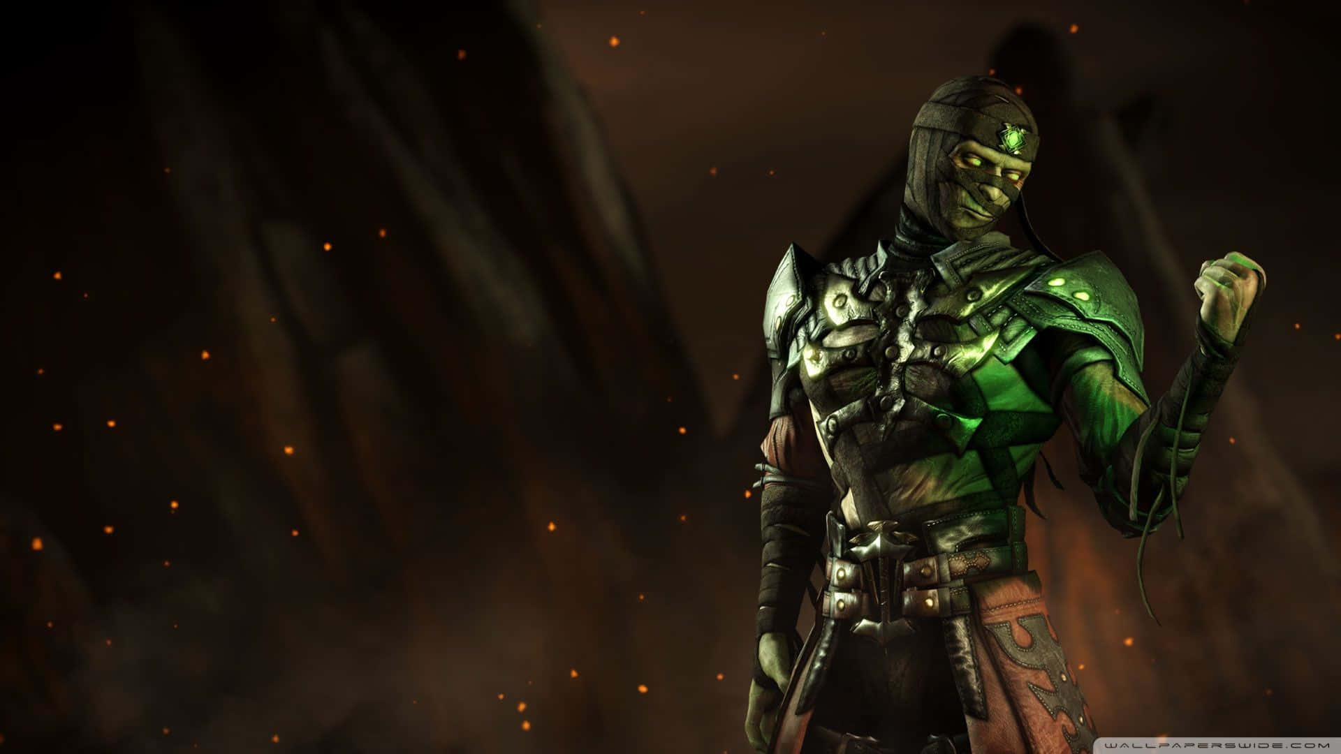 Mortal Kombat Ermac 桌布 壁紙 — 一名戴面具的綠色皮膚戰士身穿盔甲，在黑暗煙霧繚繞的背景中，周圍漂浮著發光的餘燼，挑釁地站立著。