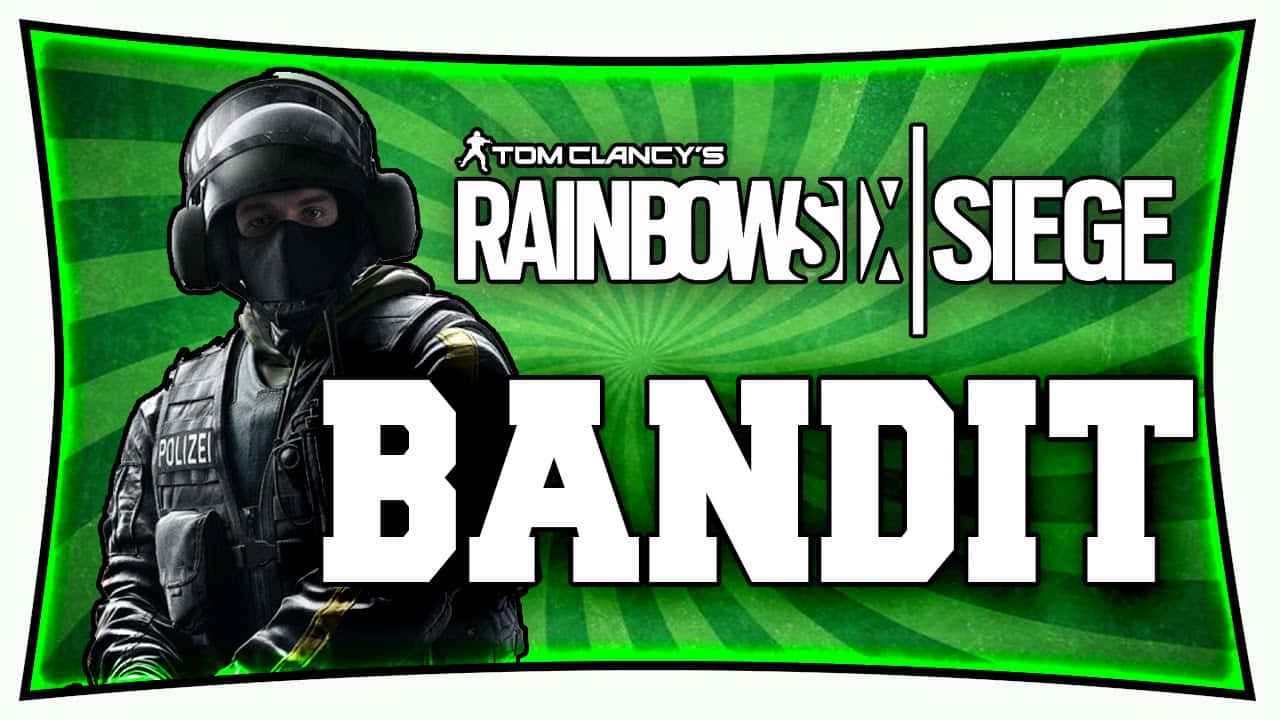 Rainbow Six Siege Bandit 桌布 壁紙 — 一名戴面具的警察操作員身穿戰術裝備，站在充滿活力的綠色放射狀背景前，帶有粗體遊戲標題文字。